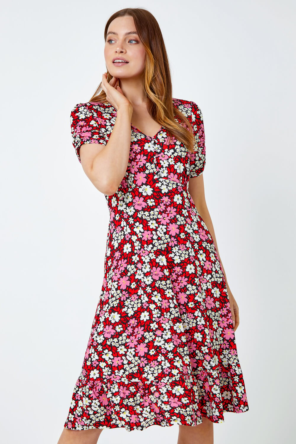 Floral Print Stretch Jersey Tea Dress in Pink - Roman Originals UK