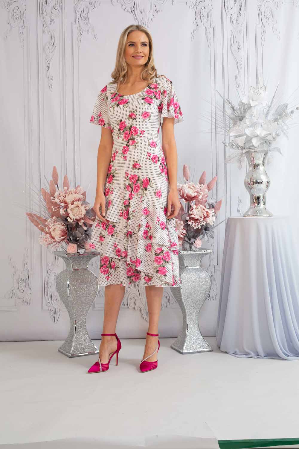 White Julianna Floral Tiered Bias Cut Dress, Image 4 of 4