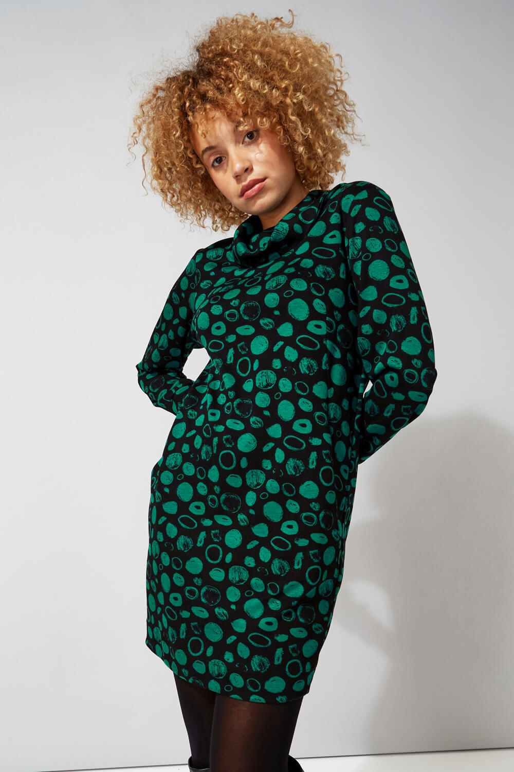 Green Spot Print Cowl Neck Dress, Image 3 of 4