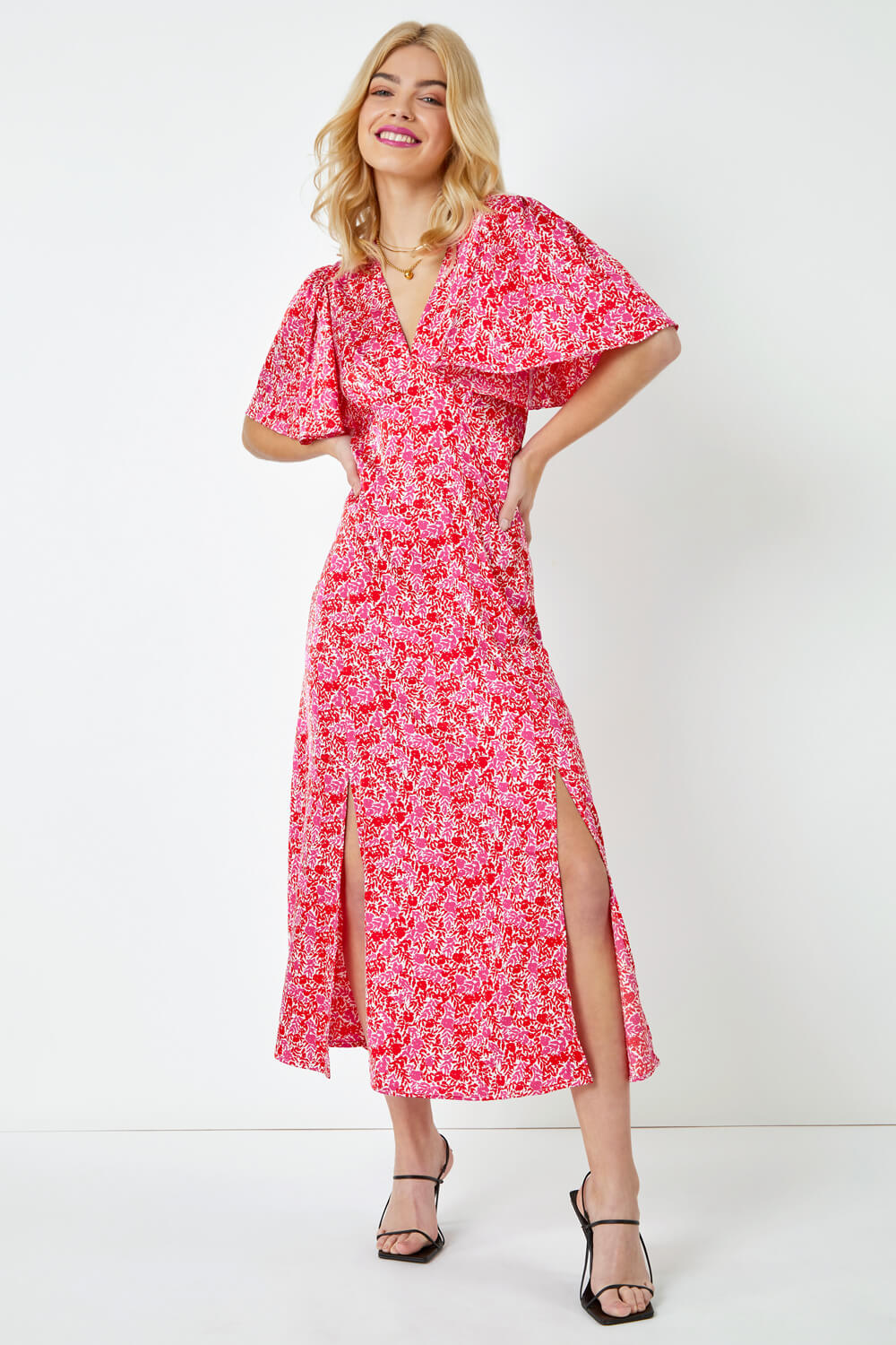 Red Ditsy Floral Satin Midi Dress, Image 2 of 5