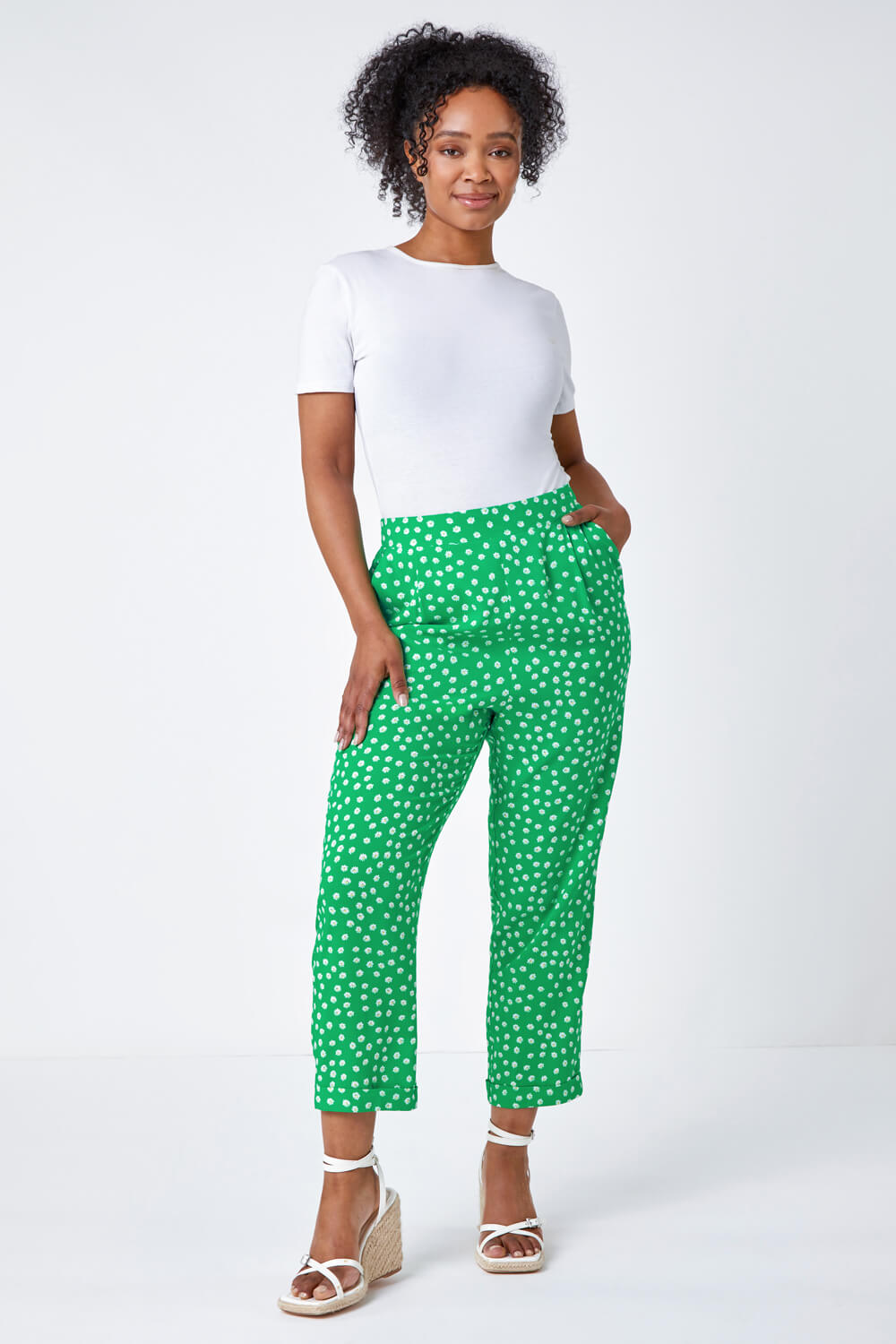 Green Petite Floral Tapered Stretch Trouser, Image 2 of 5