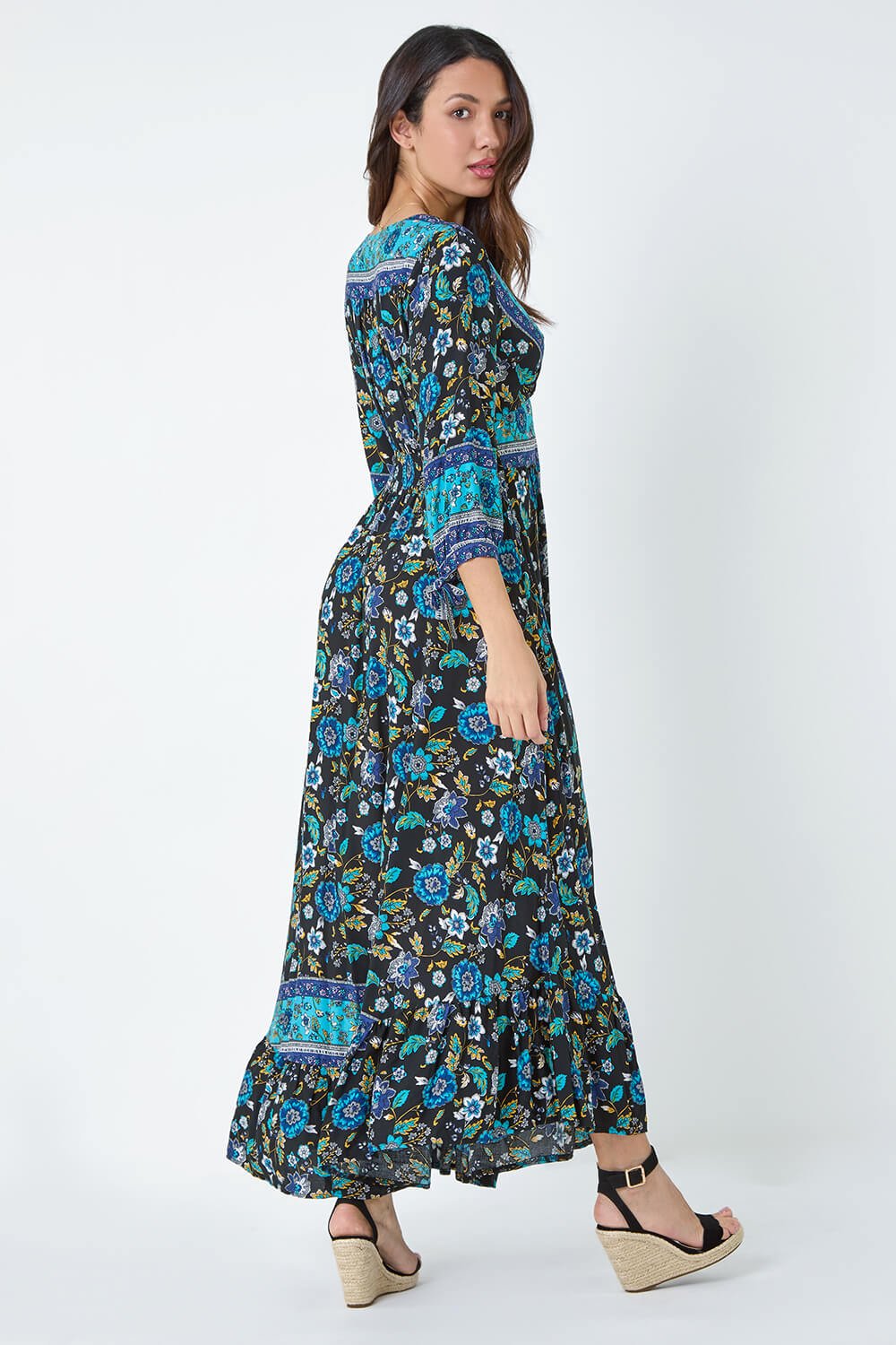 Black Floral Border Print Maxi Dress, Image 3 of 5