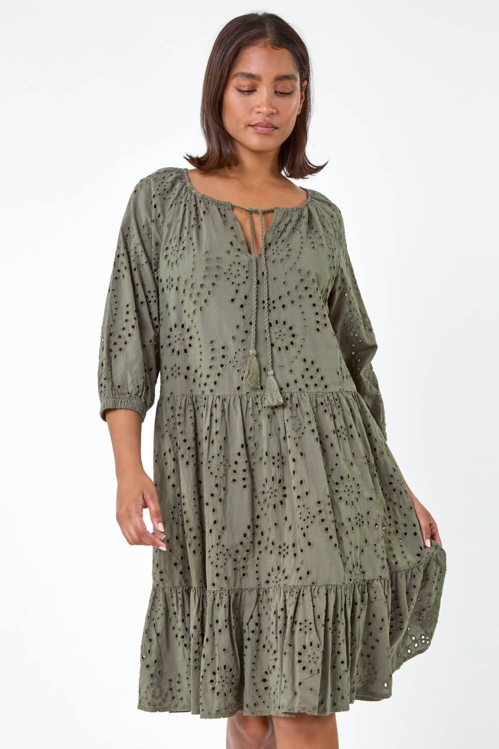 KHAKI Cotton Broderie Tiered Smock Dress, Image 4 of 7