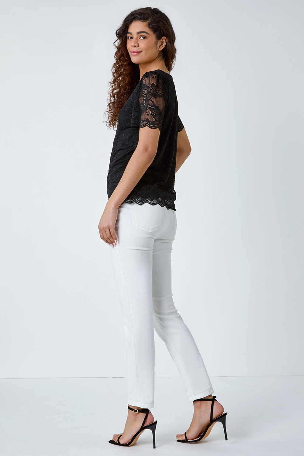 Black Floral Stretch Lace Top, Image 3 of 5
