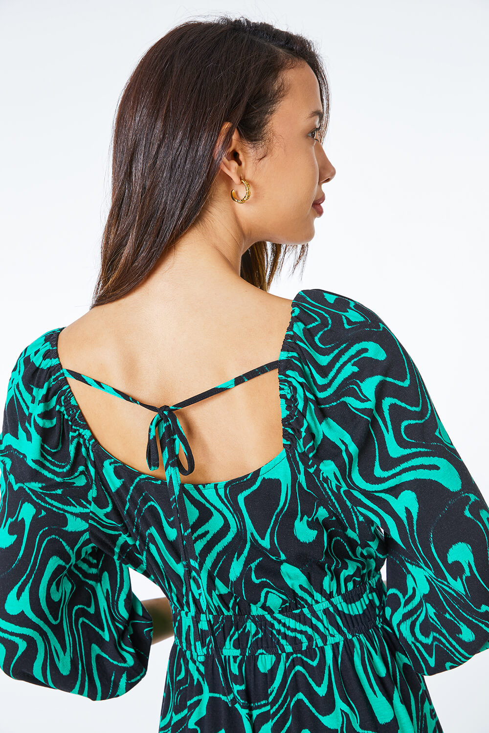 Green Swirl Print Shirred Waist Midi Dress, Image 4 of 5