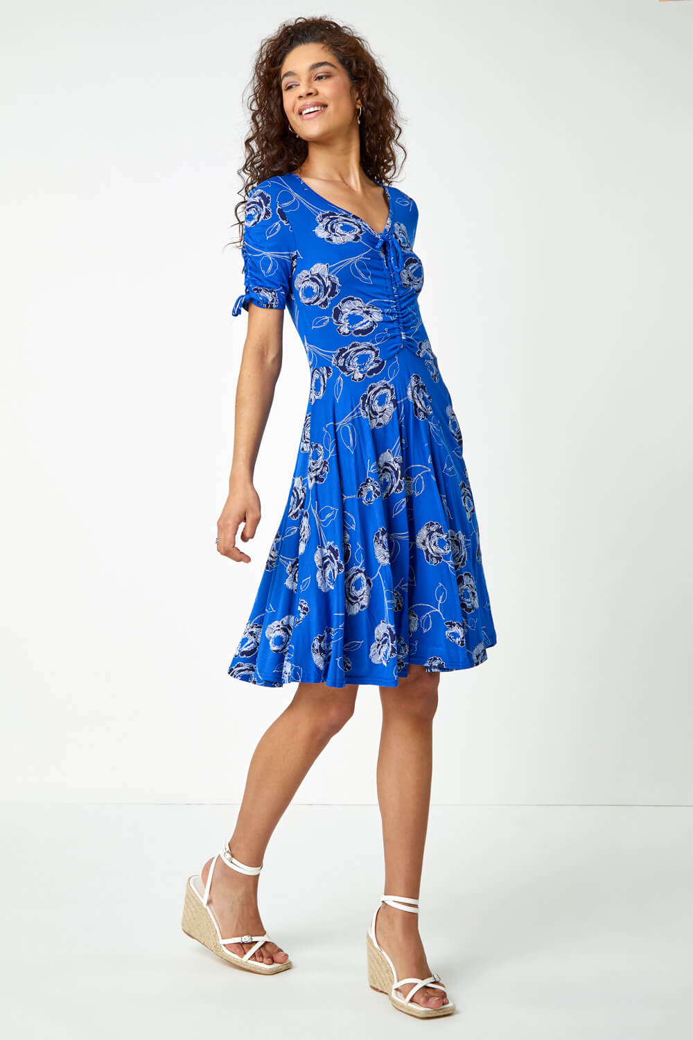 Royal Blue Floral Stretch Jersey Tea Dress, Image 2 of 5