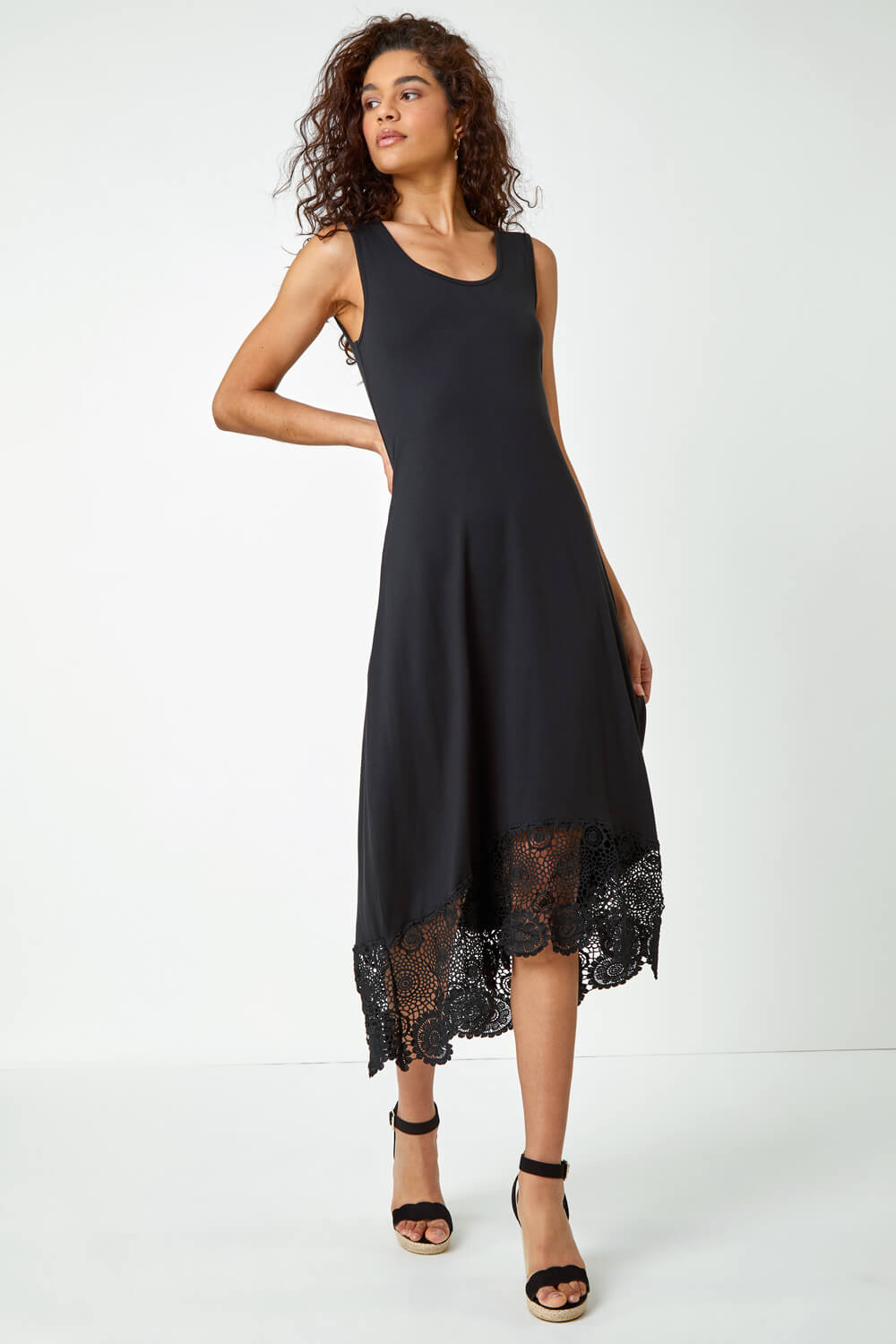 Black Crochet Hem Stretch Midi Dress, Image 2 of 6