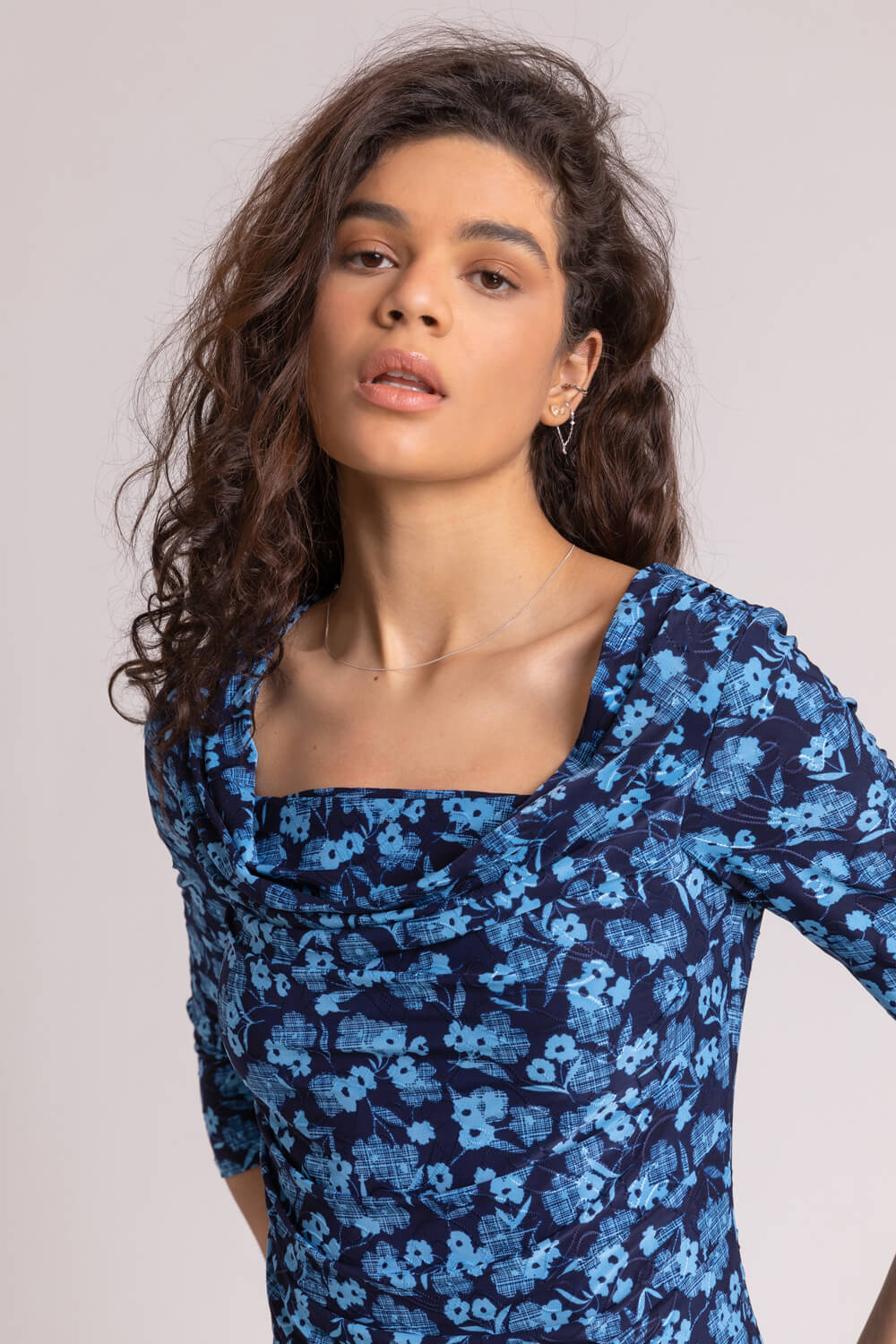 Blue Floral Print Cowl Neck Top, Image 4 of 4