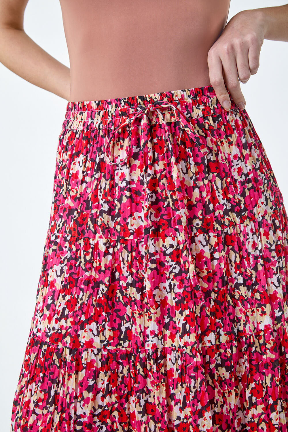 PINK Floral Crinkle Cotton A line Tiered Maxi Skirt, Image 5 of 5