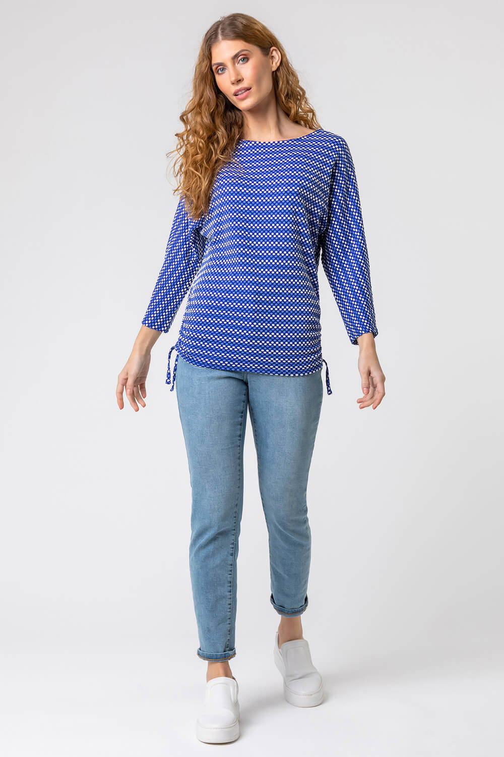 Royal Blue Textured Spot Print Stretch Top, Image 3 of 4