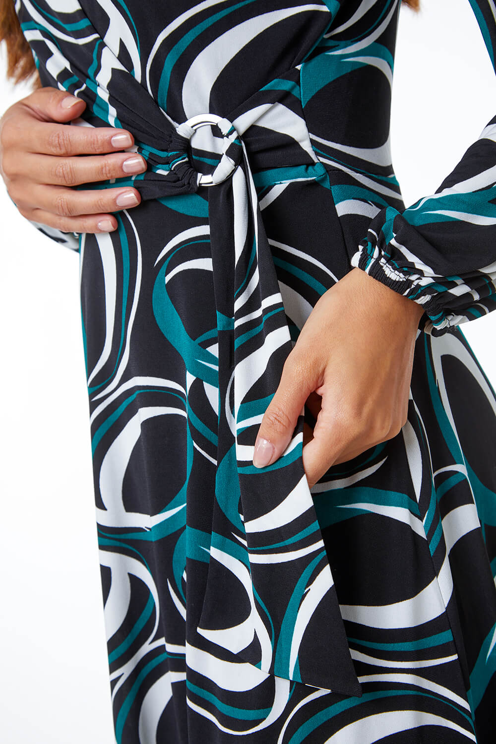 Dark Green Abstract Wrap Ring Detail Dress, Image 5 of 5