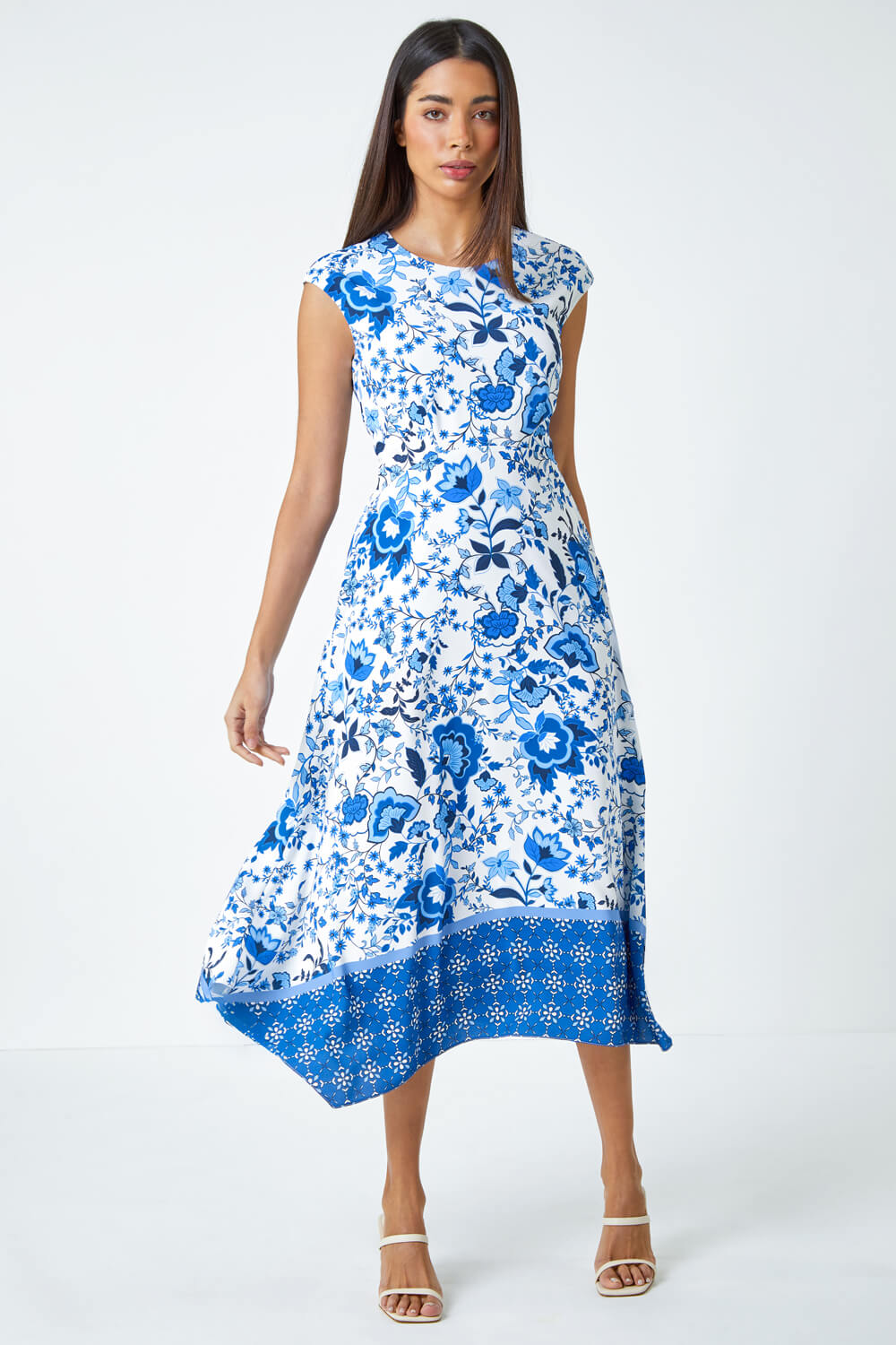 Blue Sleeveless Floral Border Print Midi Dress, Image 2 of 5