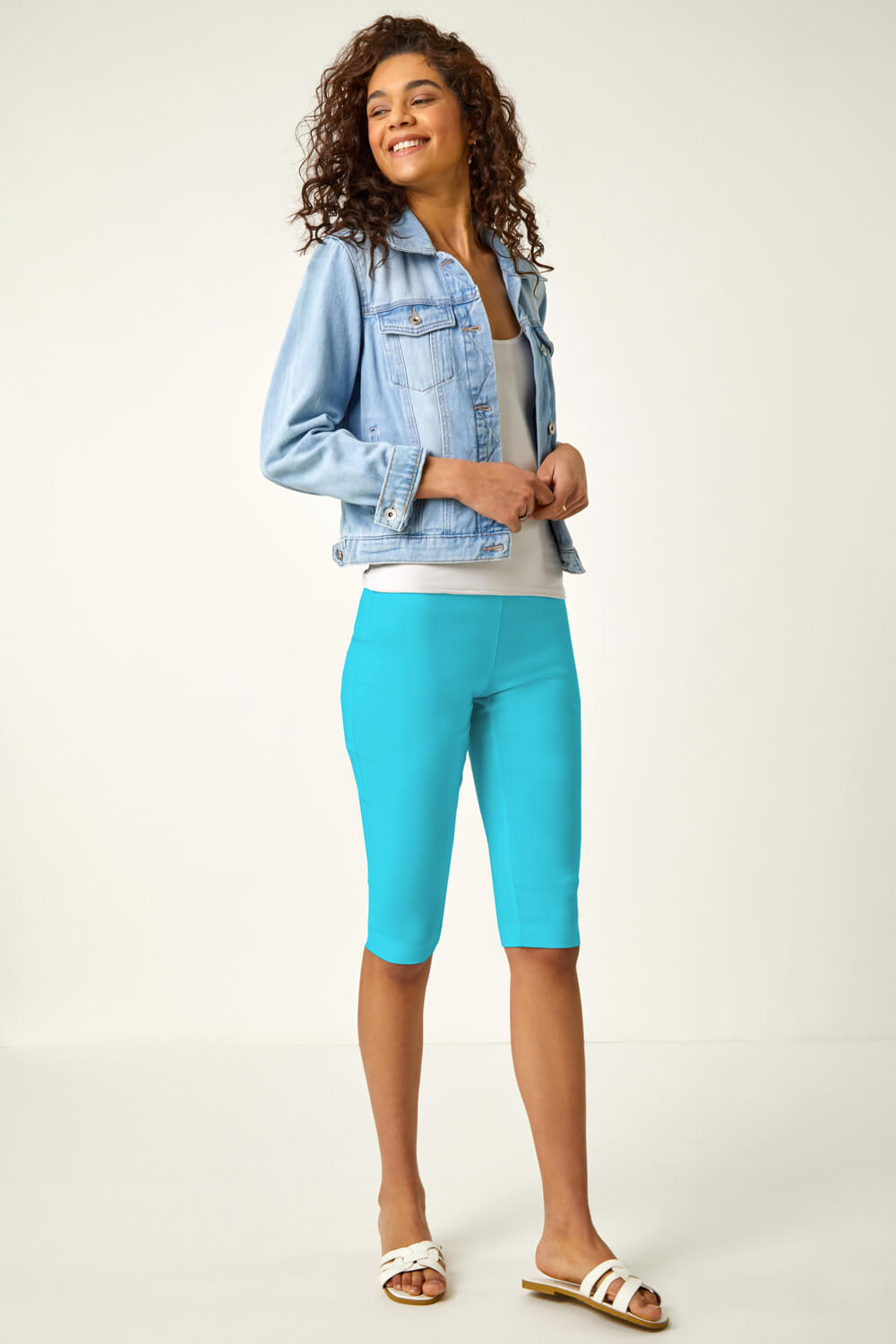 Turquoise Knee Length Stretch Shorts, Image 2 of 6