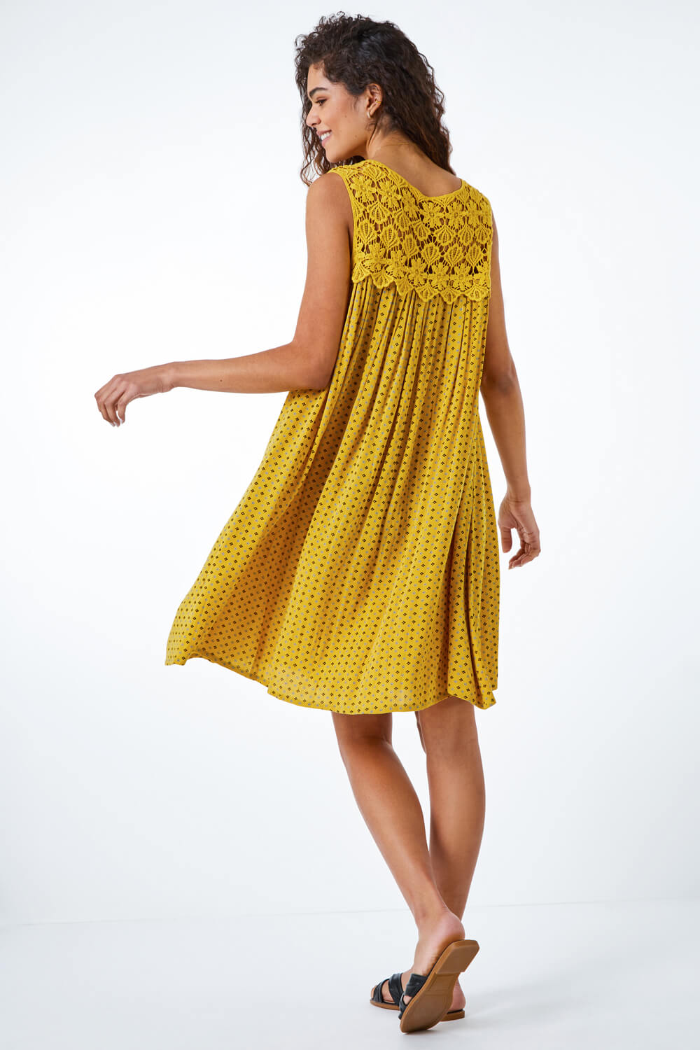 Yellow Ditsy Print Lace Yoke Swing Dress, Image 4 of 5
