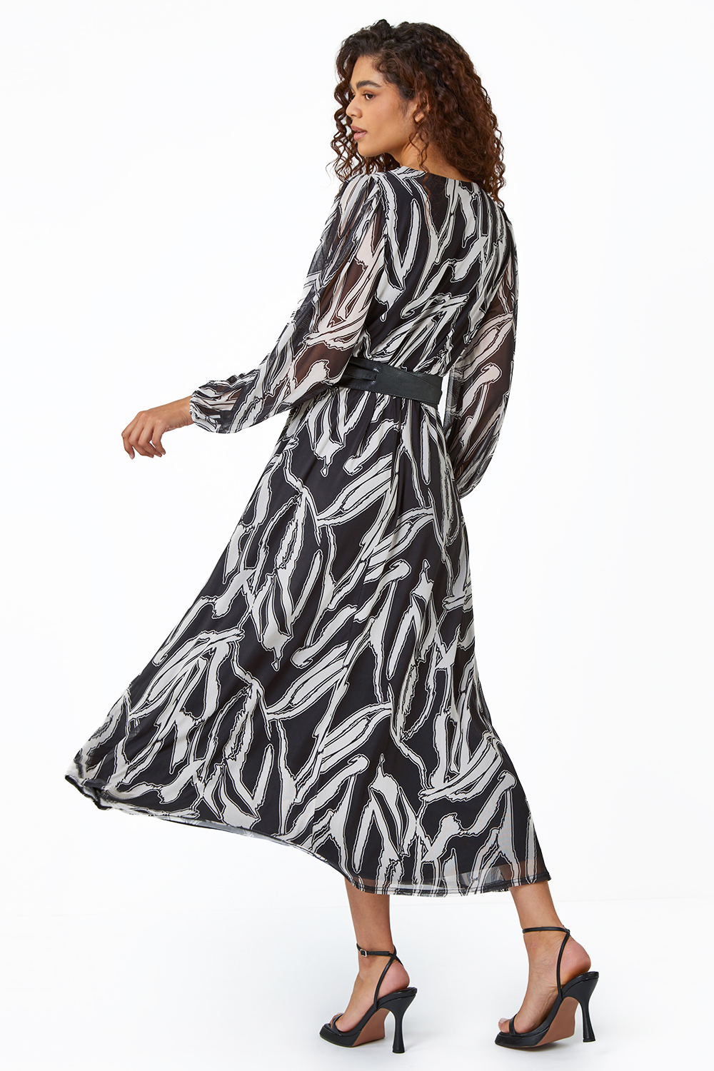Black Abstract Print Belted Midi Stretch Dress , Image 3 of 5