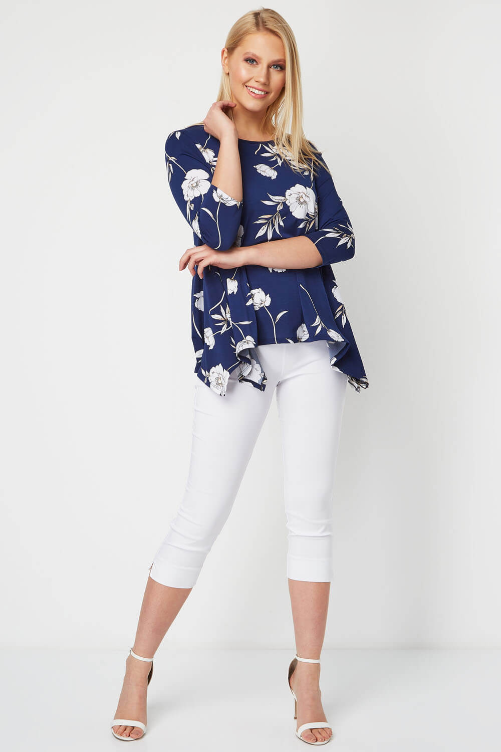 Navy  Floral 3/4 Sleeve Smock Top, Image 2 of 8