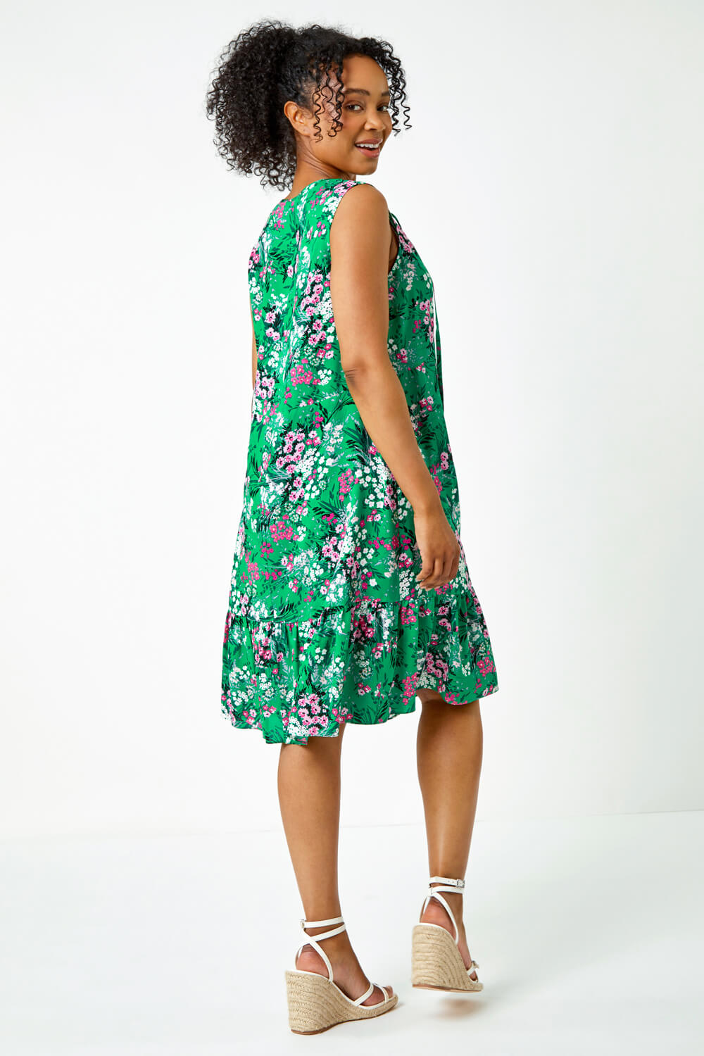 Green Petite Floral Print Frill Hem Dress, Image 3 of 5