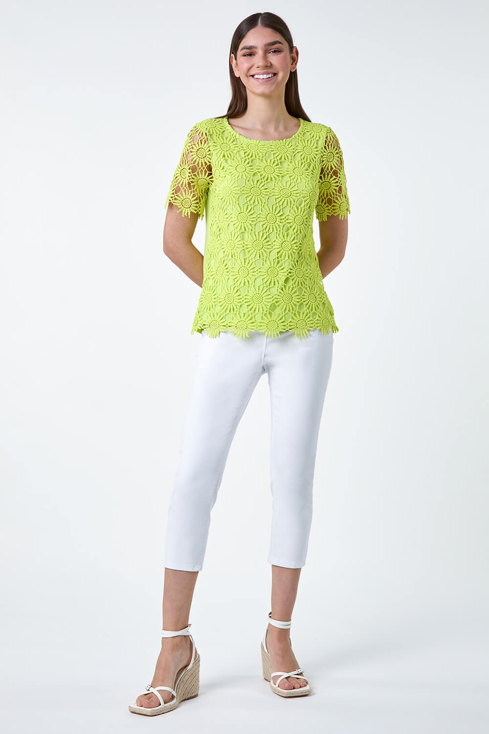 Yellow Floral Lace Stretch Jersey T-Shirt, Image 2 of 5