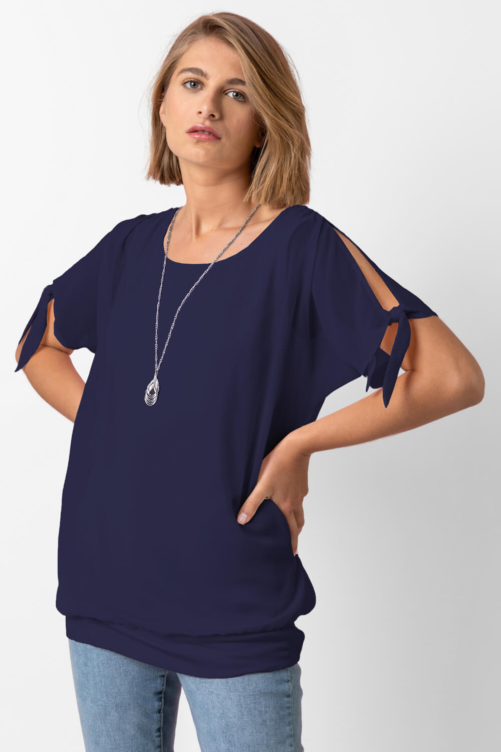 Chiffon Layered Tie Detail Top with Necklace
