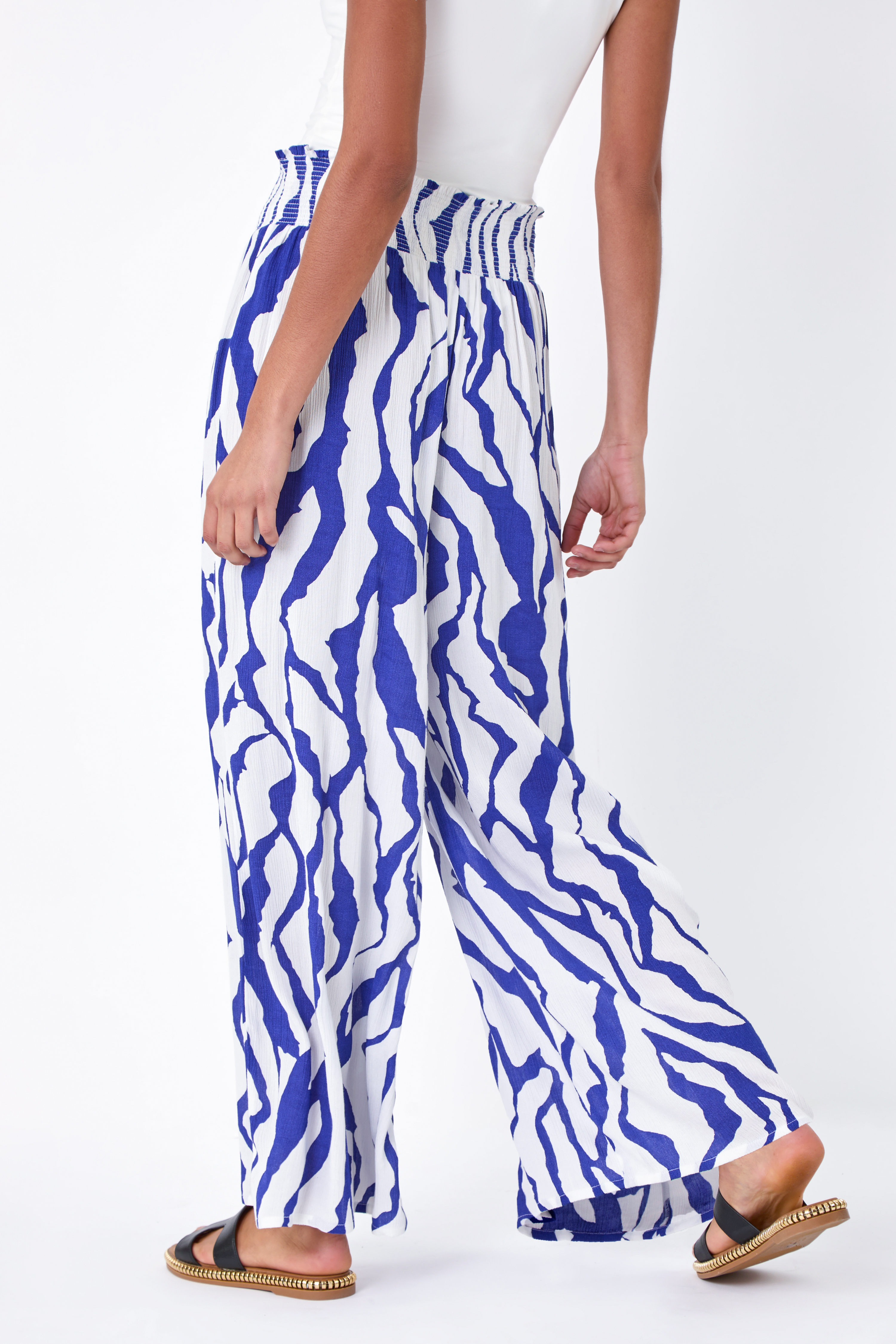 Royal Blue Animal Stretch Shirred Wide Leg Trousers, Image 3 of 5