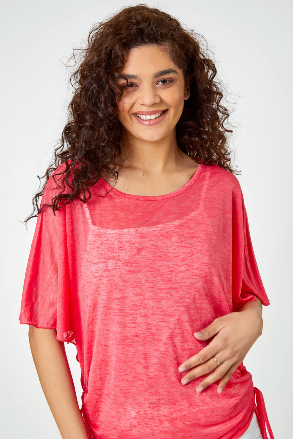 PINK Ruched Batwing Mesh Top, Image 4 of 5