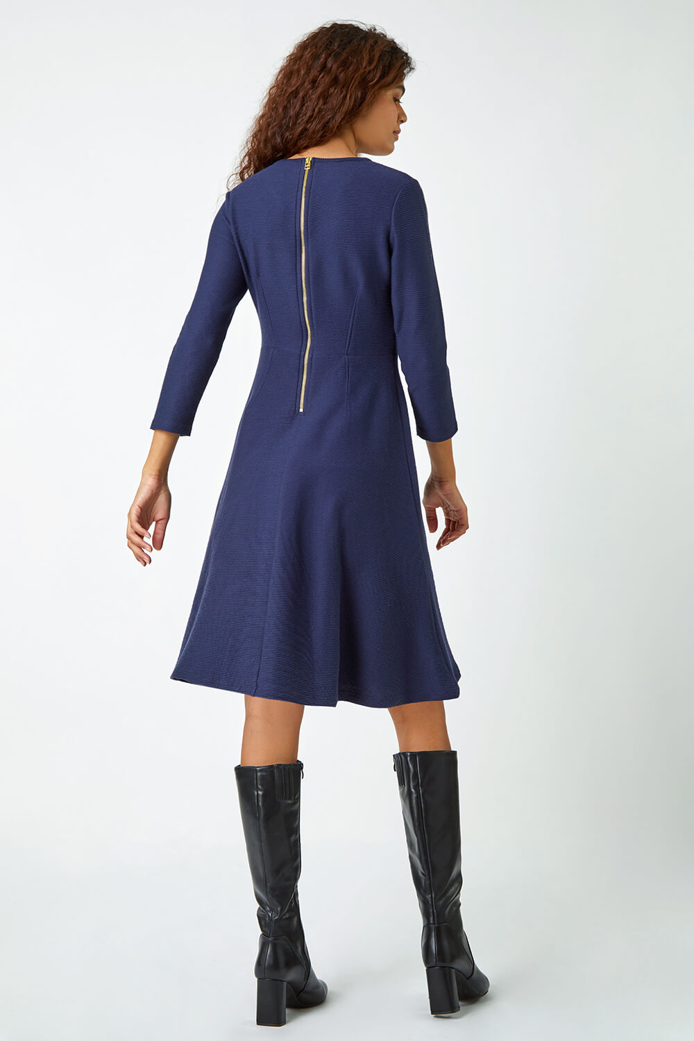 Navy  Cotton Blend Ribbed Stretch Dress, Image 3 of 5