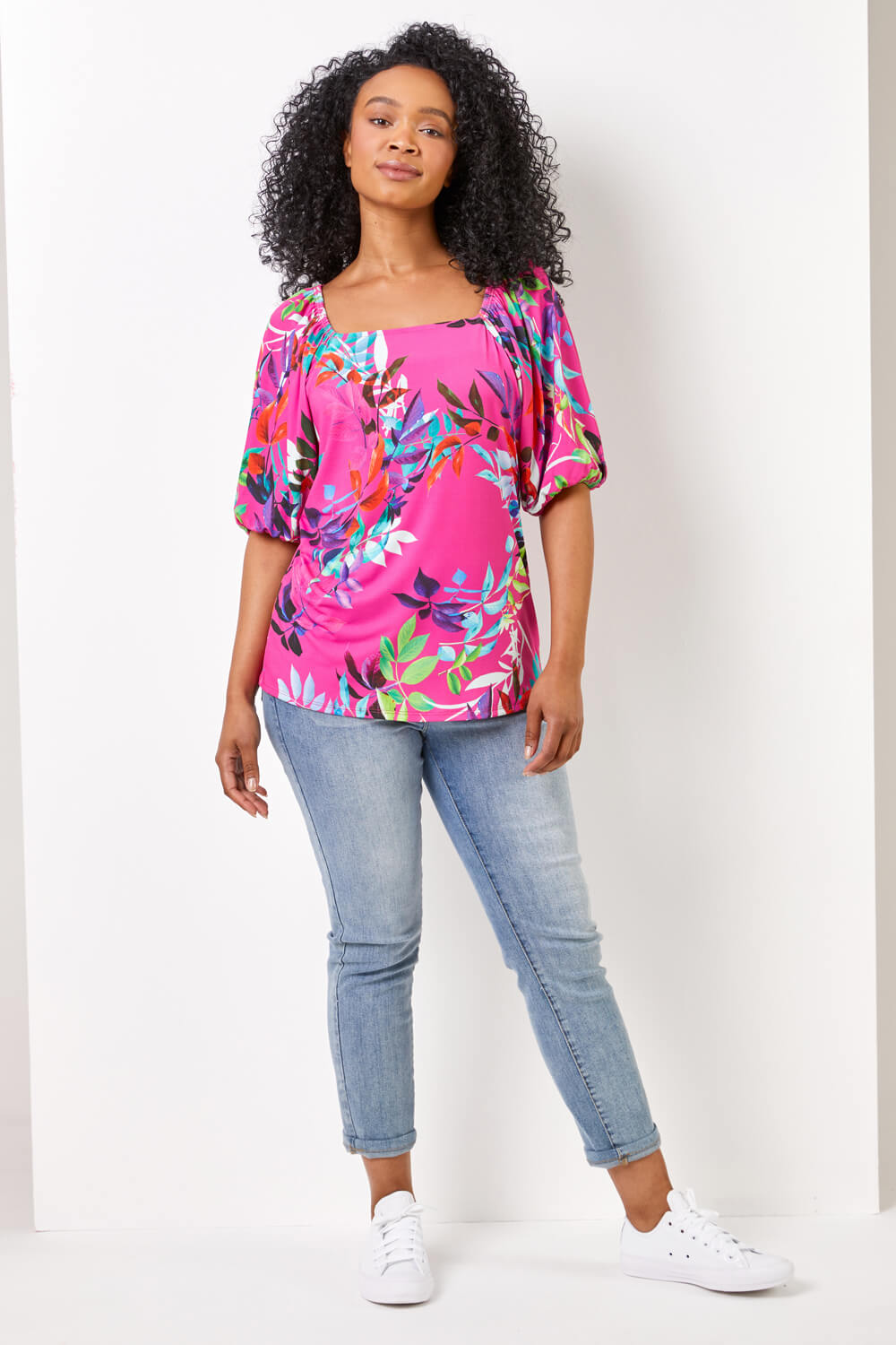 PINK Petite Tropical Print Square Neck Top, Image 2 of 5