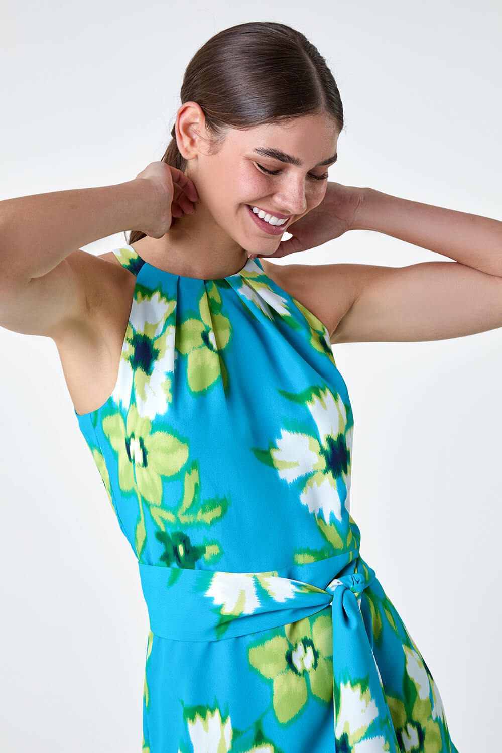 Turquoise Floral Print Chiffon Halterneck Midi Dress, Image 4 of 5