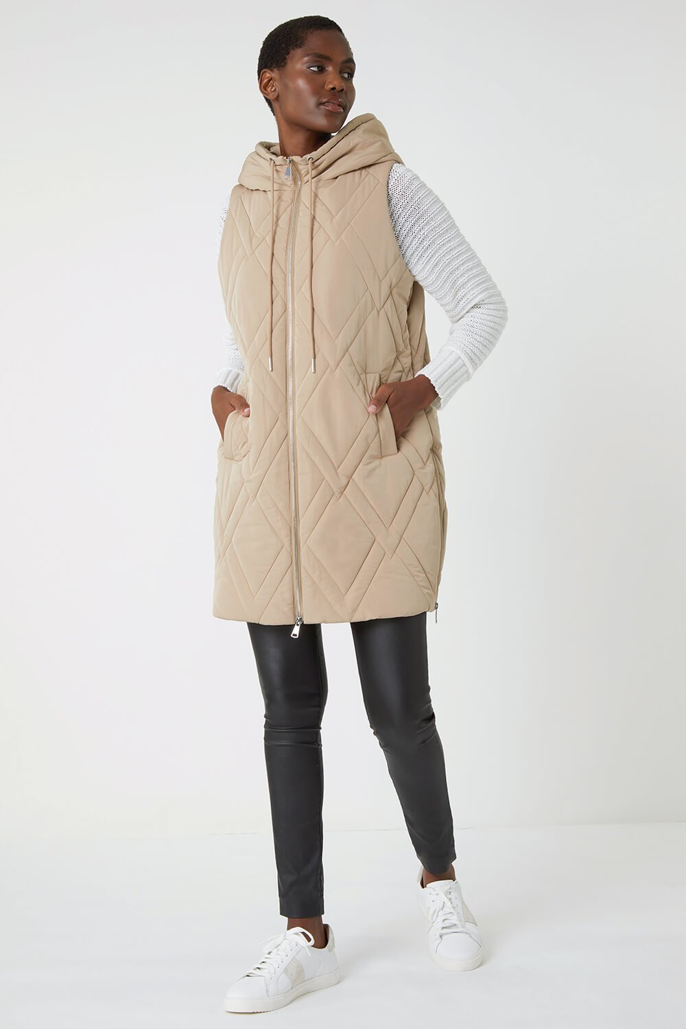 Beige Diamond Quilted Hooded Gilet, Image 2 of 5