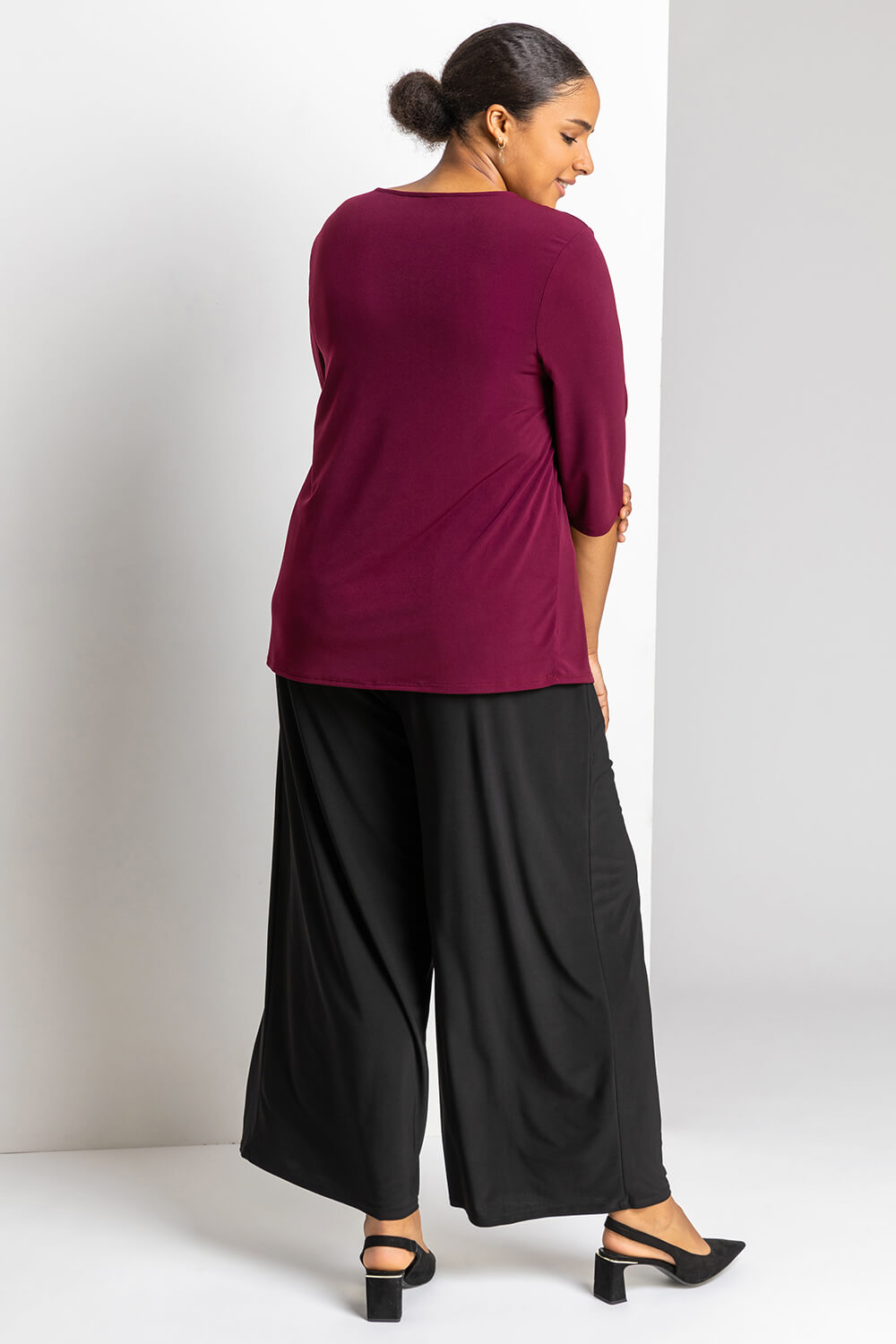 Wine Curve V Neck Pleat Front Top, Image 2 of 5