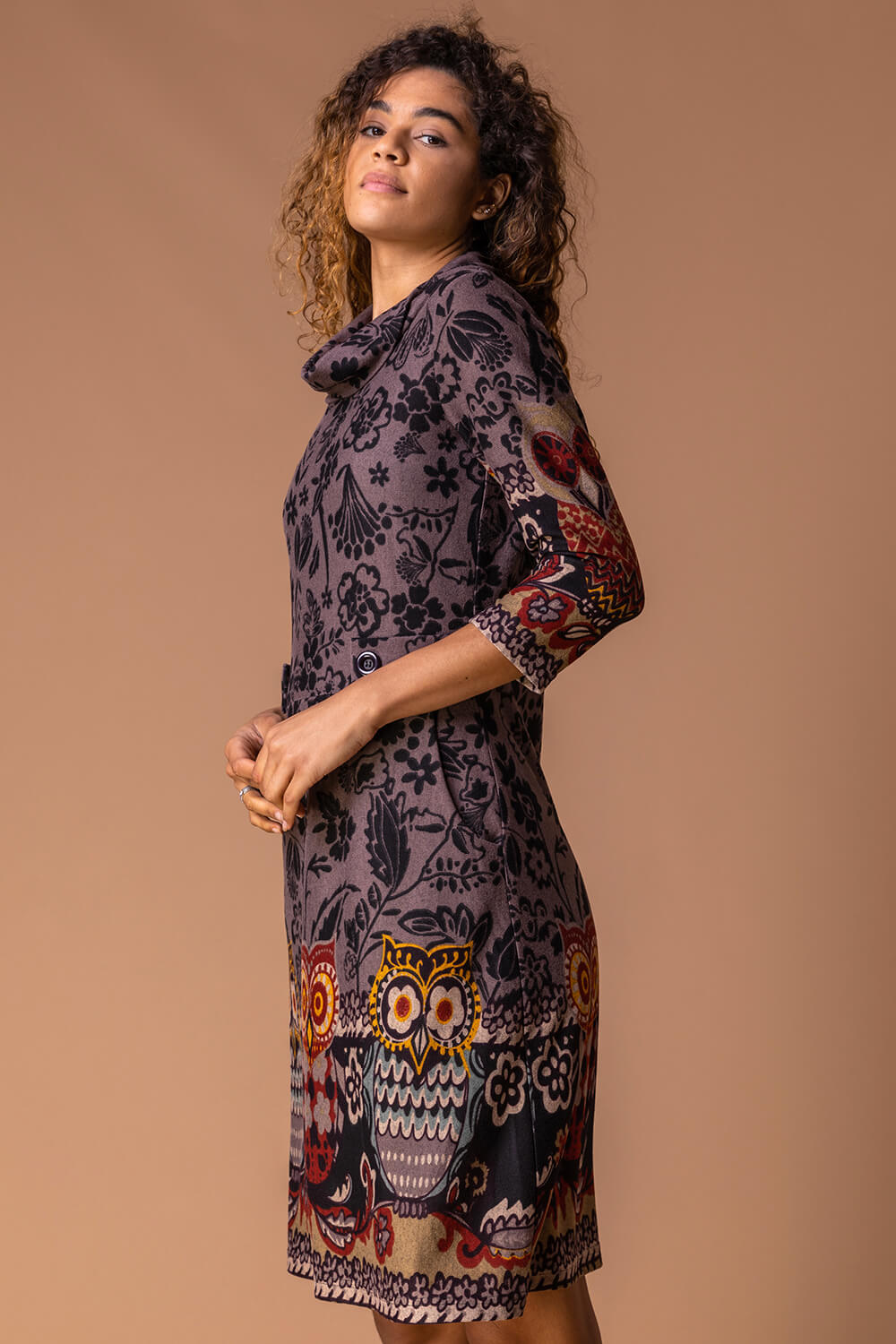 Taupe Owl Print Cowl Neck Dress, Image 4 of 4