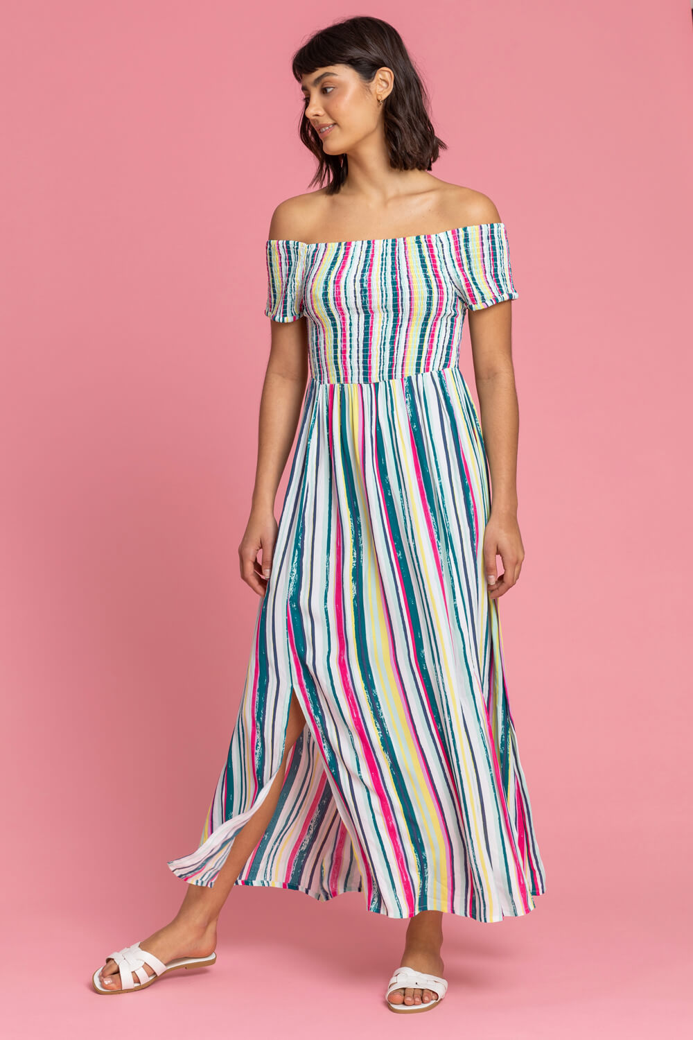 Multi  Shirred Stripe Print Bardot Dress, Image 3 of 5