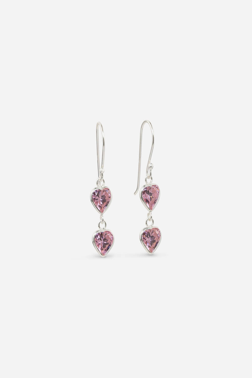 Sterling Silver Cubic Zirconia Pink Heart Drop Earrings
