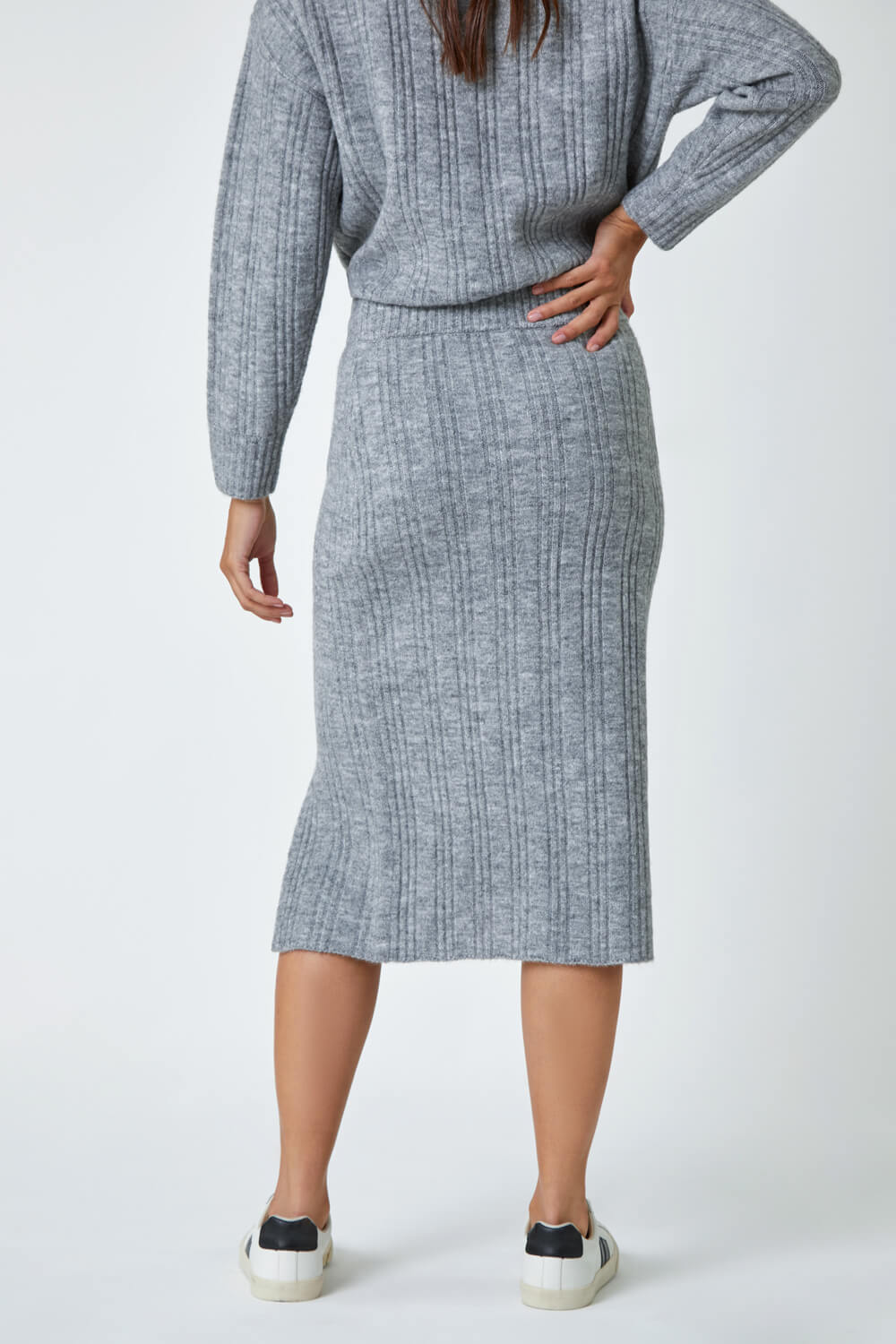 Grey Ribbed Side Split Knit Pencil Skirt, Image 3 of 5