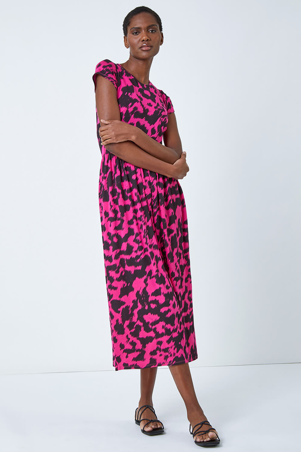 Fuchsia Abstract Print Gathered Skirt Midi Dress, Image 2 of 5
