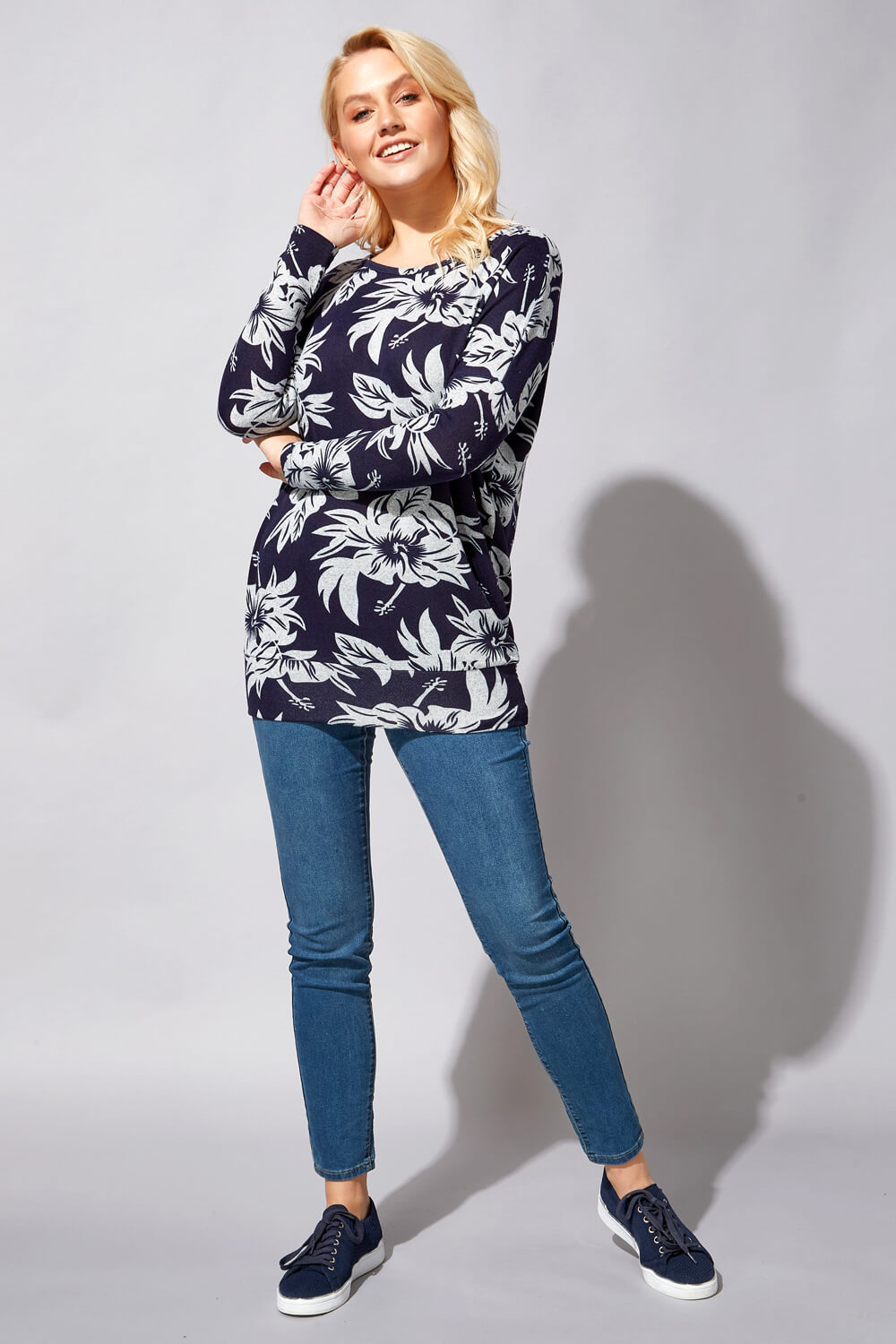 Navy  Floral Long Sleeve Blouson Top, Image 2 of 4