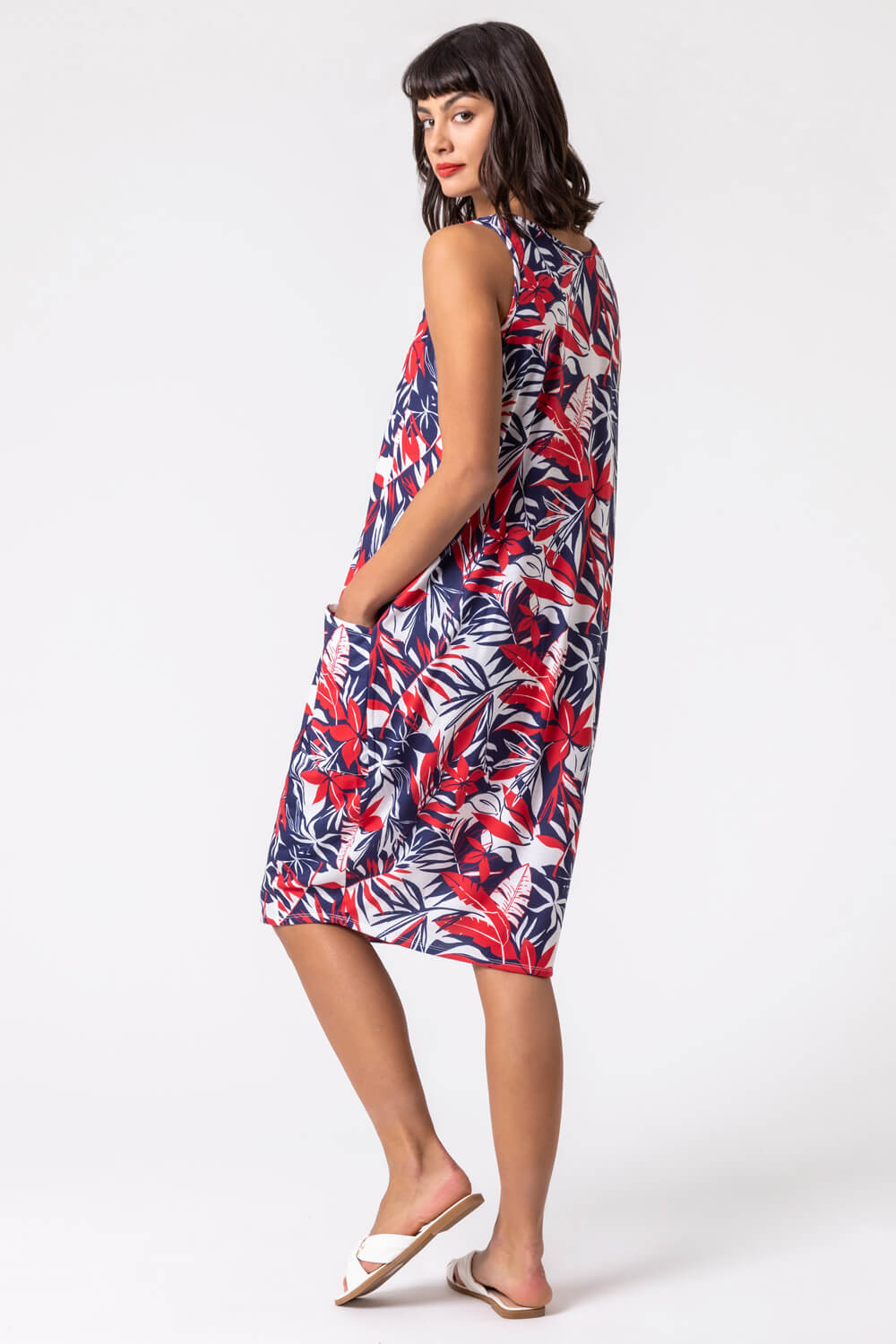 Navy  Tropical Leaf Print Slouch Pocket Dress, Image 2 of 5