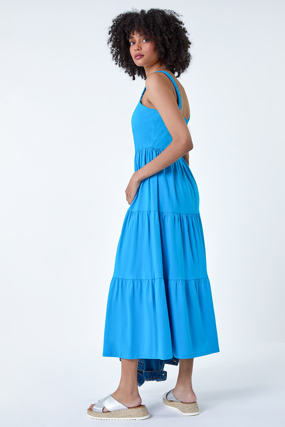 Turquoise Cotton Strappy Tiered Midi Dress, Image 3 of 5