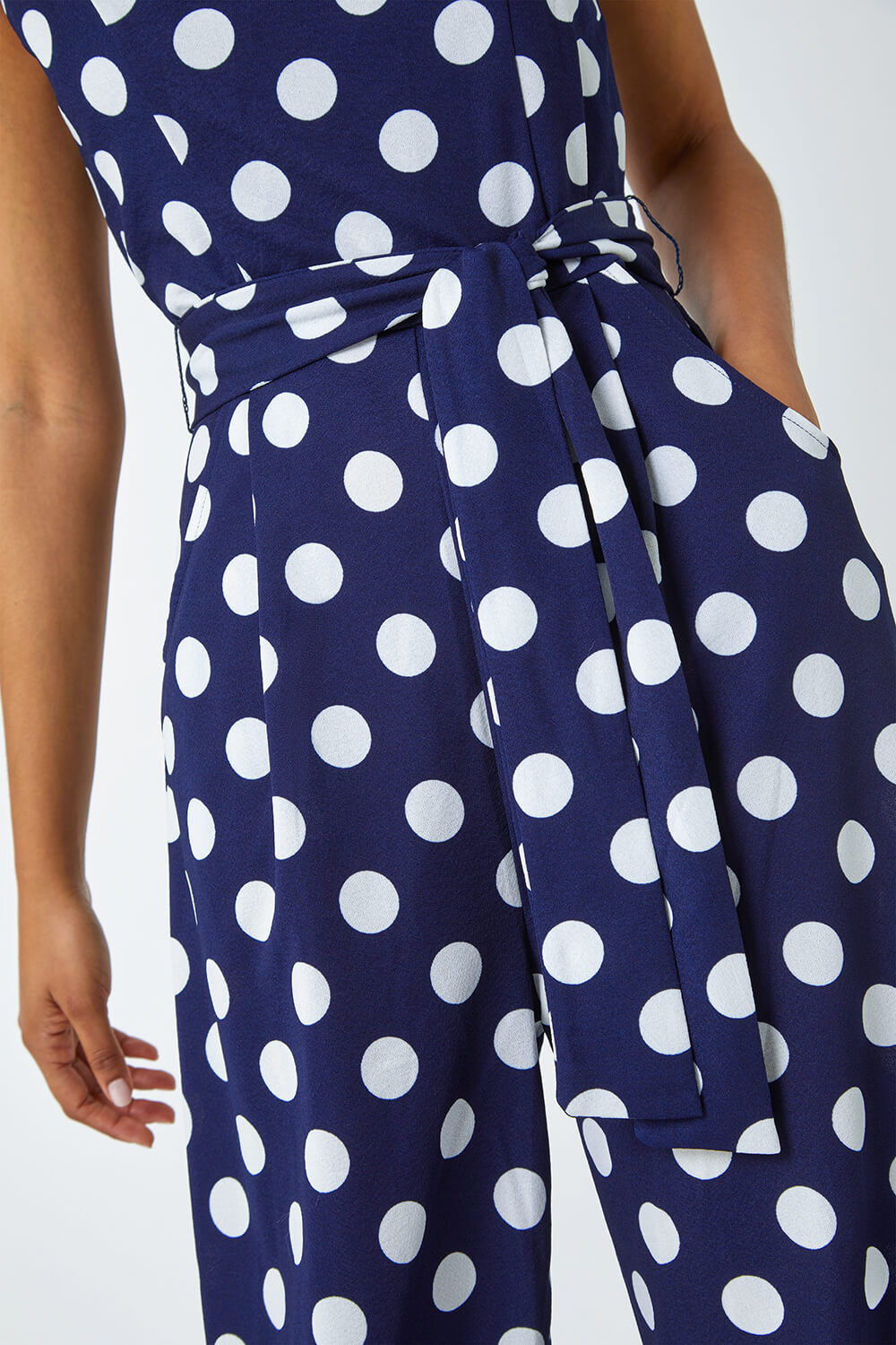 Navy  Spot Print Belted Jumpsuit, Image 5 of 5