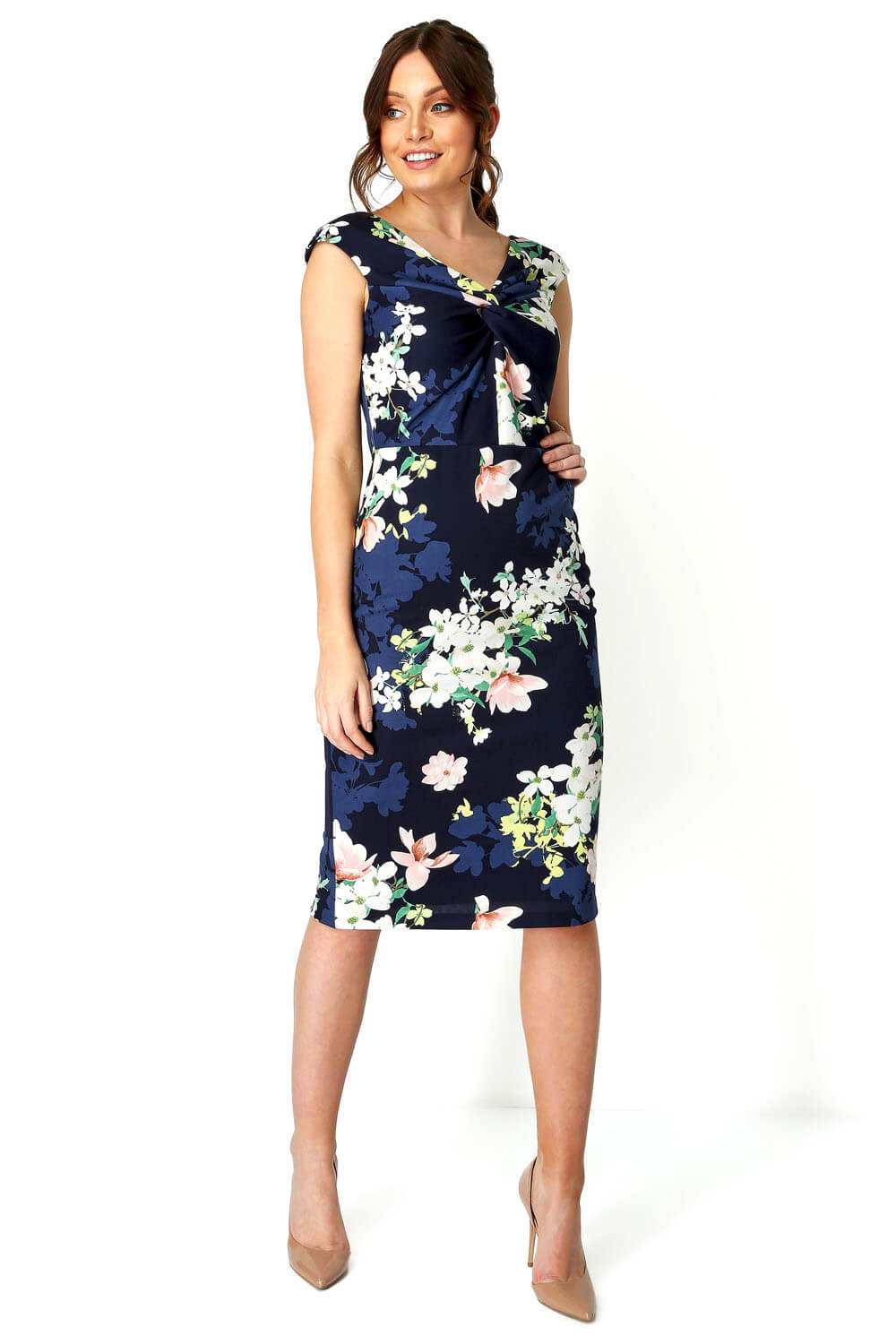 Navy  Twist Front Floral Print Dress, Image 2 of 5