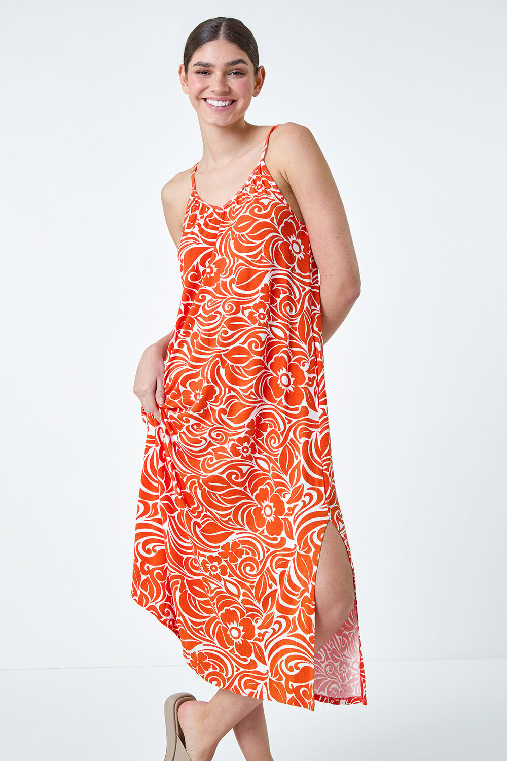 ORANGE Abstract Strappy Swing Stretch Midi Dress, Image 2 of 5