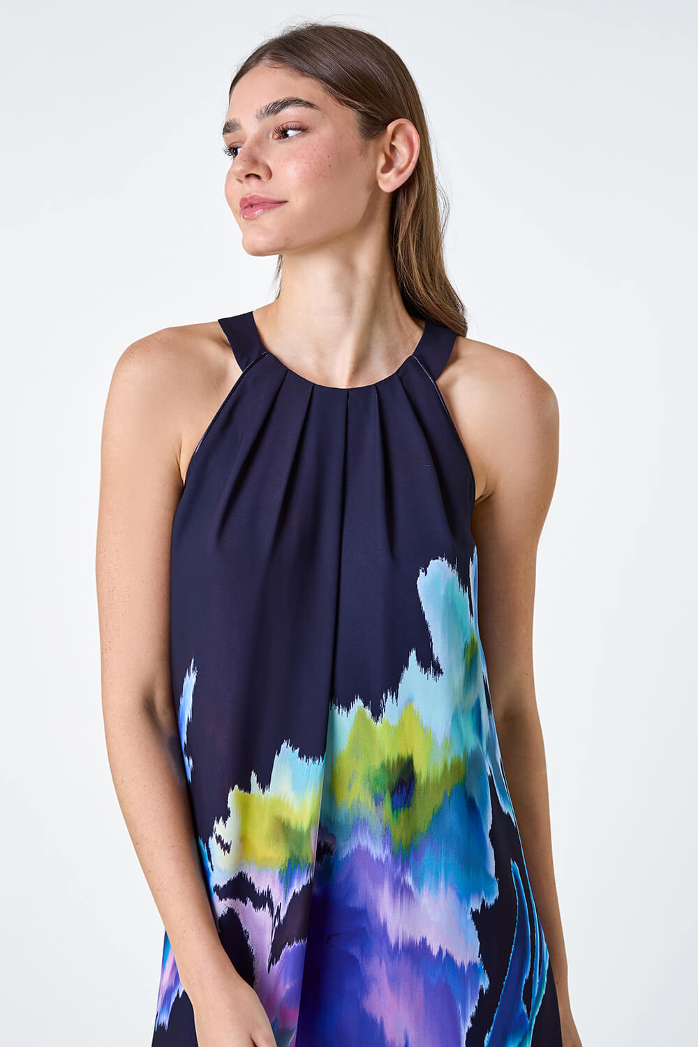 Navy  Abstract Floral Pleat Detail Trapeze Dress, Image 4 of 5