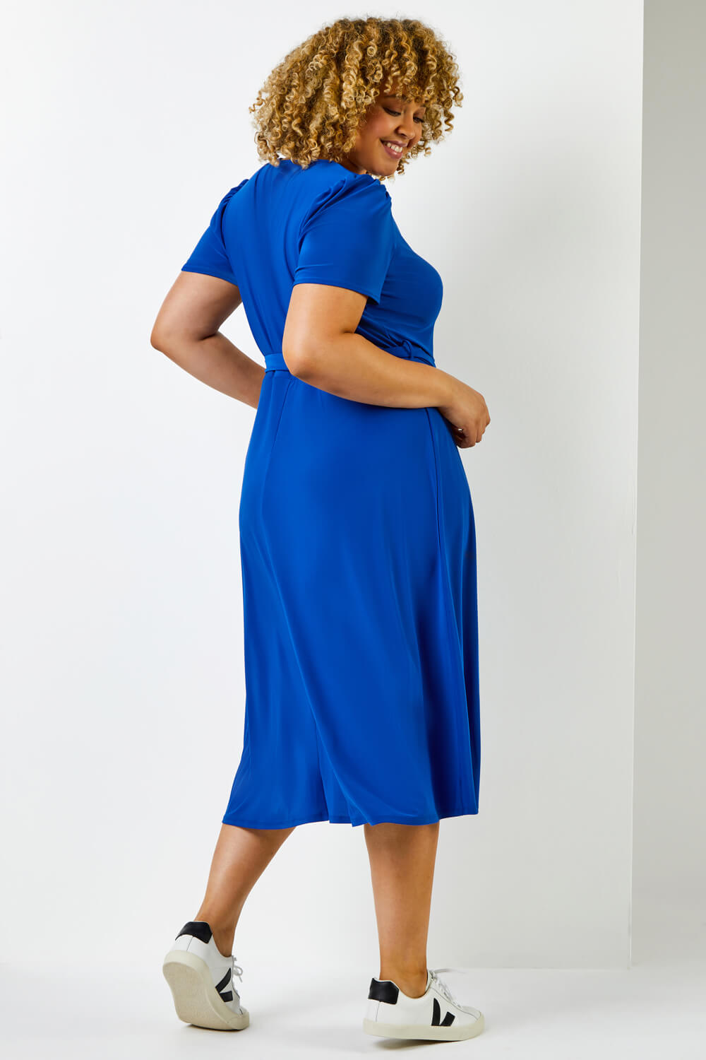 Royal Blue Curve Plain Fit And Flare Midi Dress, Image 2 of 5