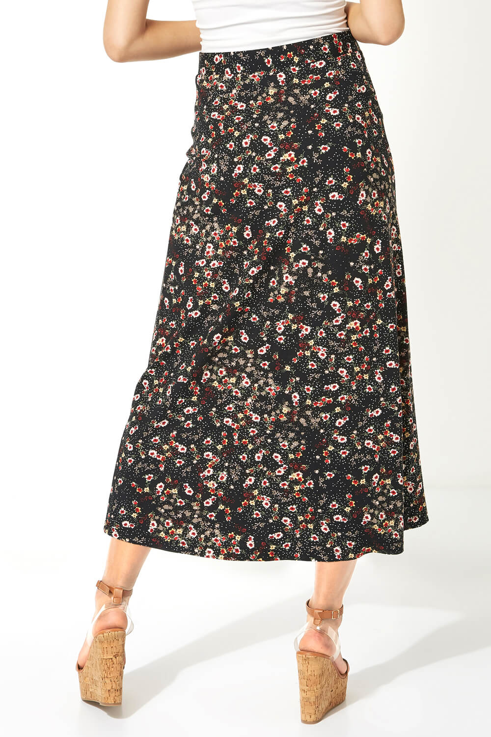 Black Floral Print Button Through Midi Skirt, Image 3 of 6
