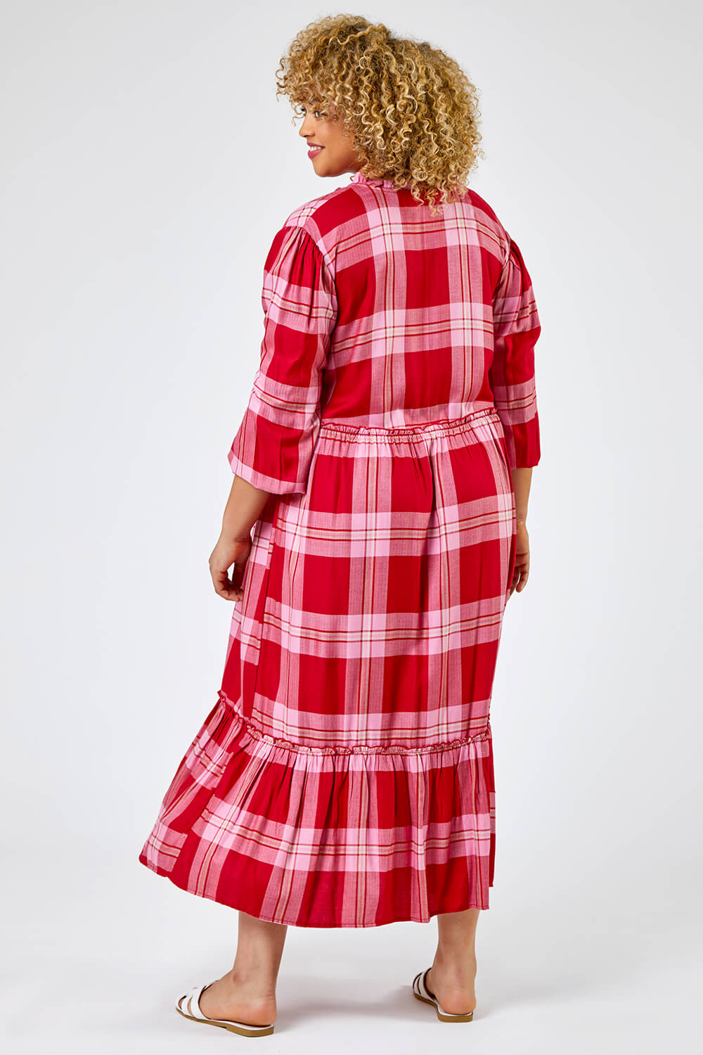 PINK Curve Check Print Tiered Dress, Image 2 of 5
