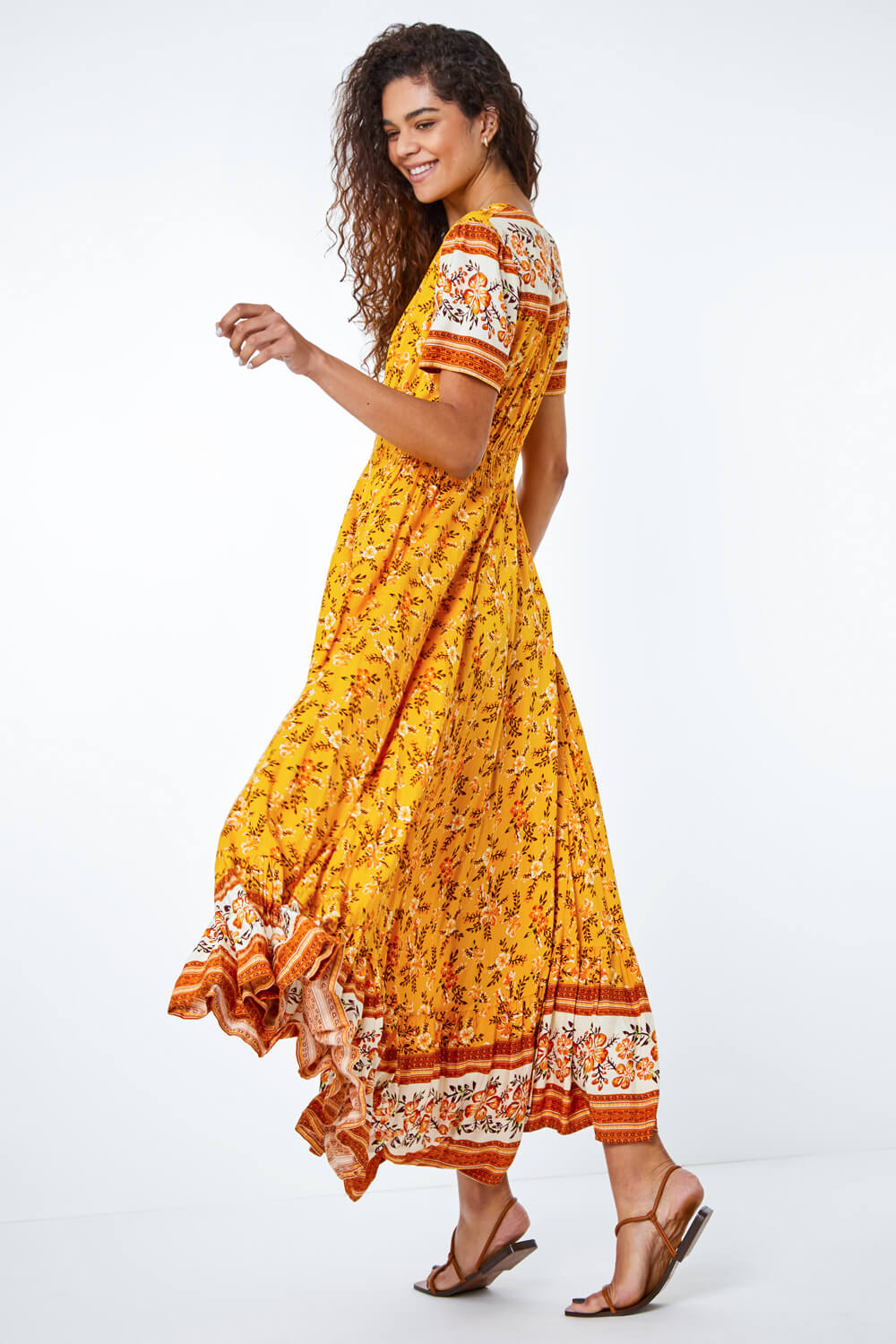 Yellow Floral Print Shirred Waist Maxi Dress, Image 3 of 5