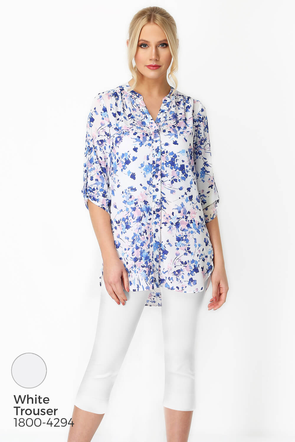 Blue Floral Print Roll Sleeve Shirt , Image 6 of 8