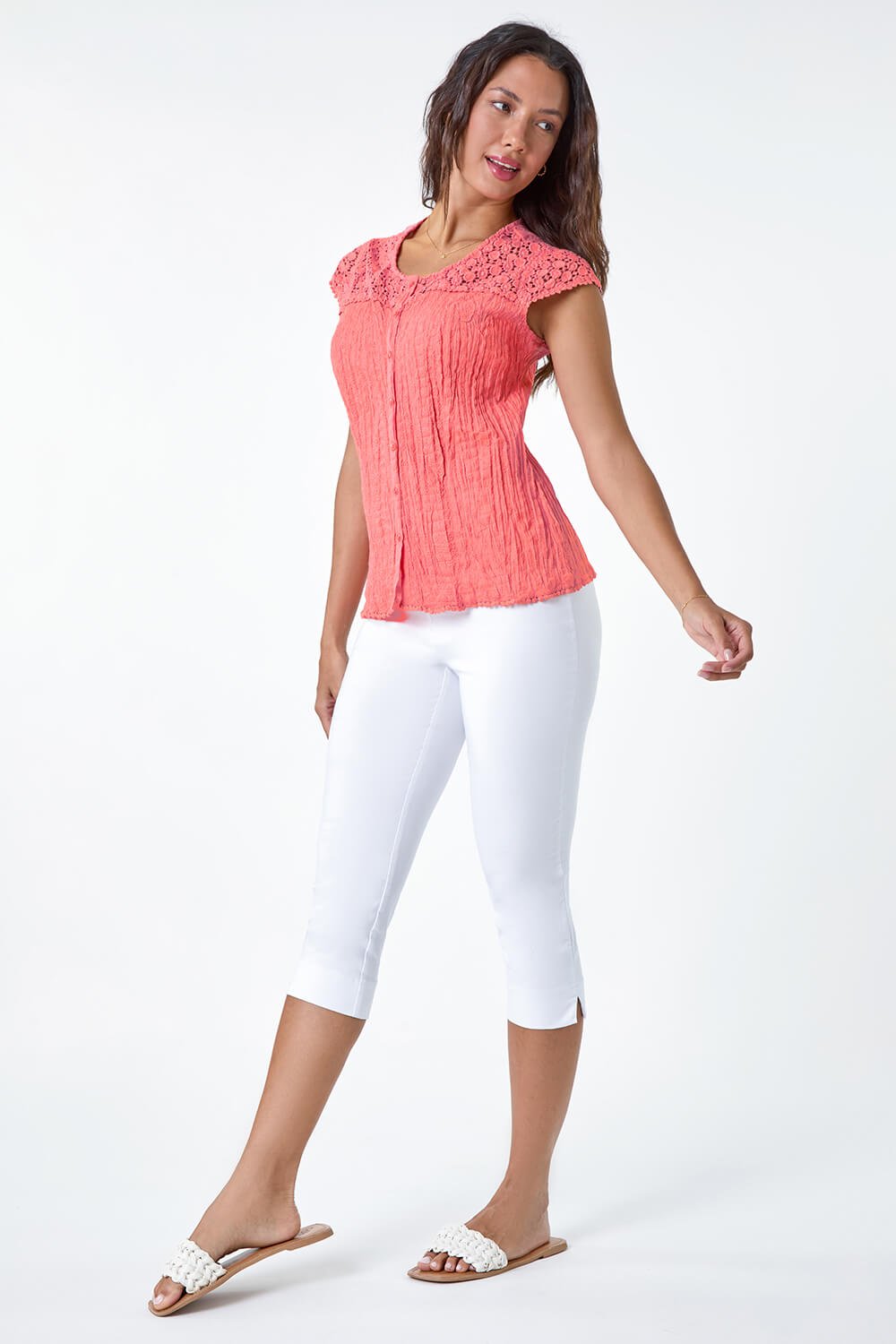 CORAL Lace Yoke and Sleeve Crinkle Blouse, Image 4 of 5