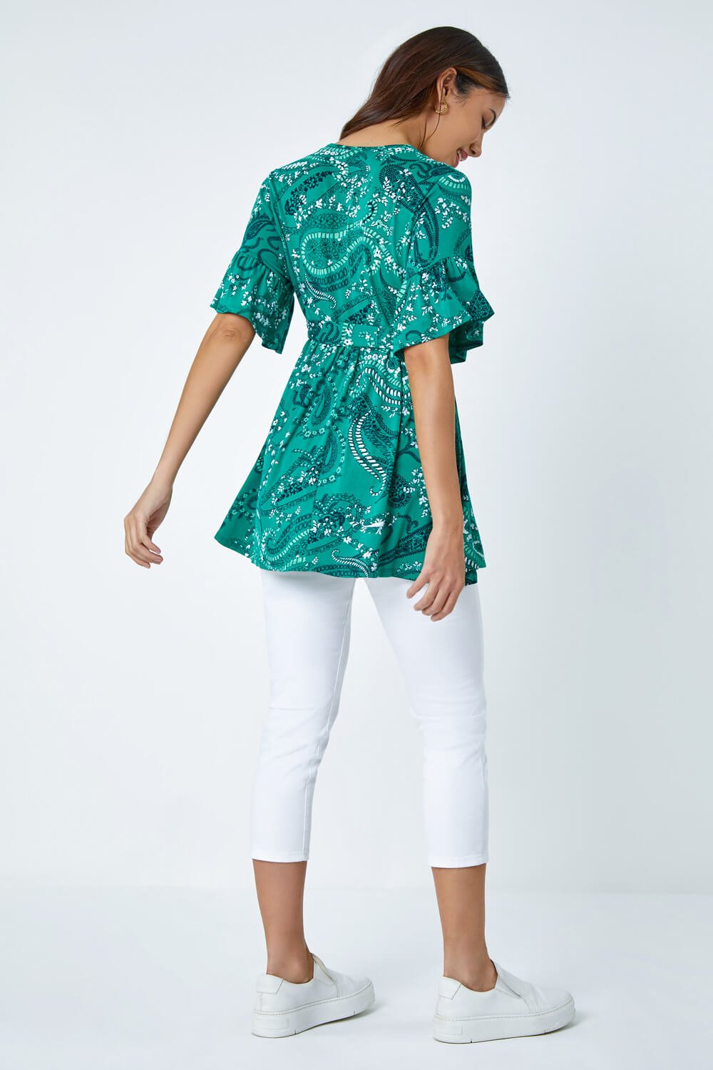 Green Paisley Print Stretch Jersey Wrap Top, Image 3 of 5