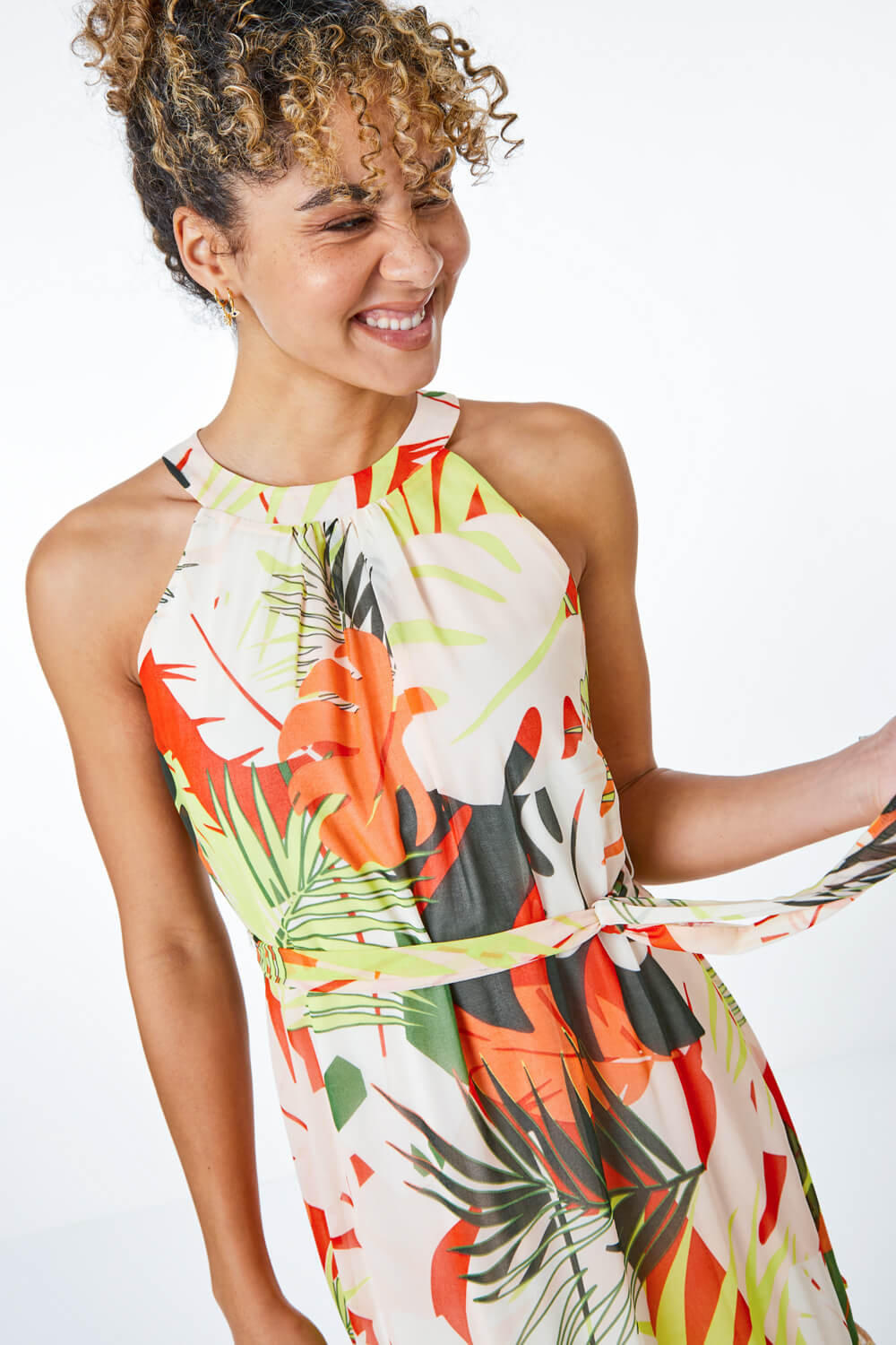 Lime Petite Tropical Print Tiered Dress, Image 4 of 5